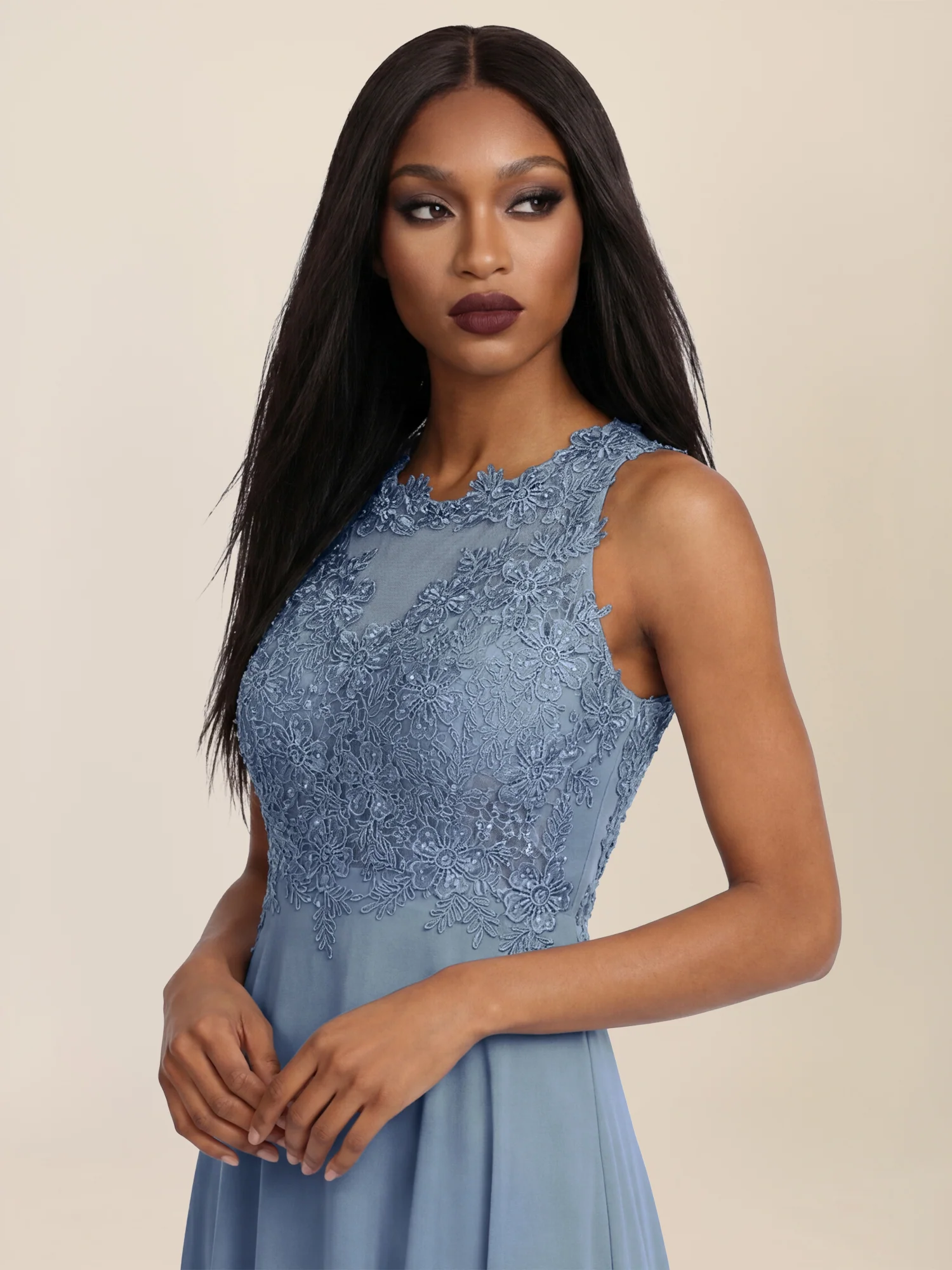 APART Abendkleid mit floraler Spitze und fließendem Rock | rauchblau - Image 4
