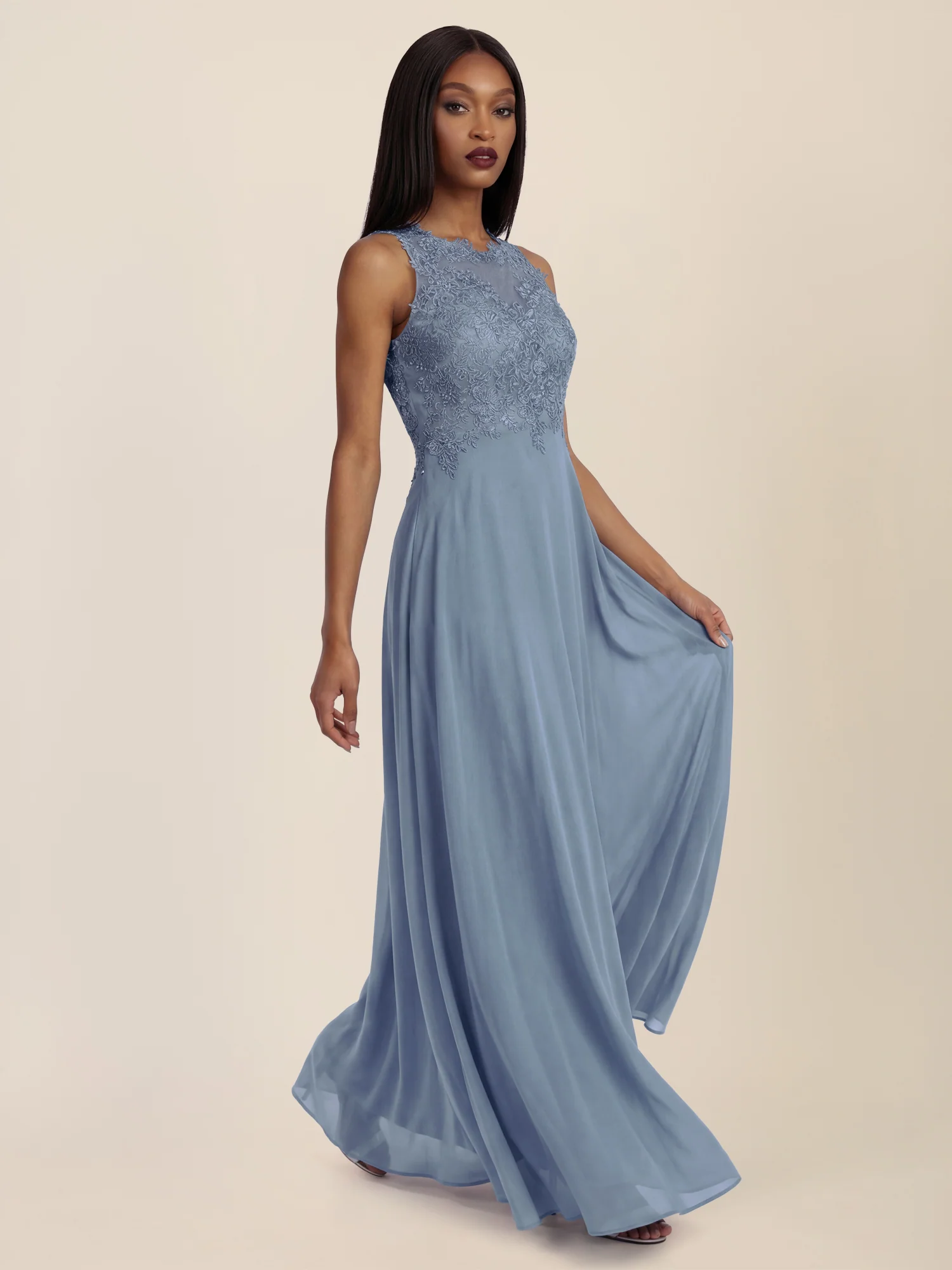 APART Abendkleid mit floraler Spitze und fließendem Rock | rauchblau - Image 5