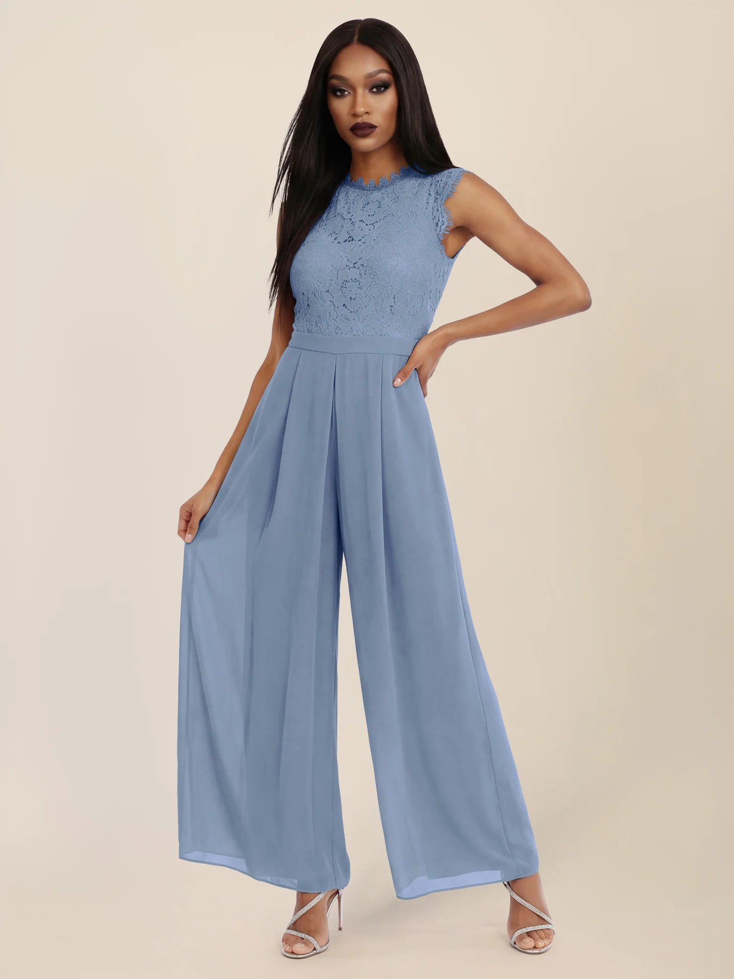 APART Abendoverall mit Spitzentop und weitem Bein | rauchblau - Image 5