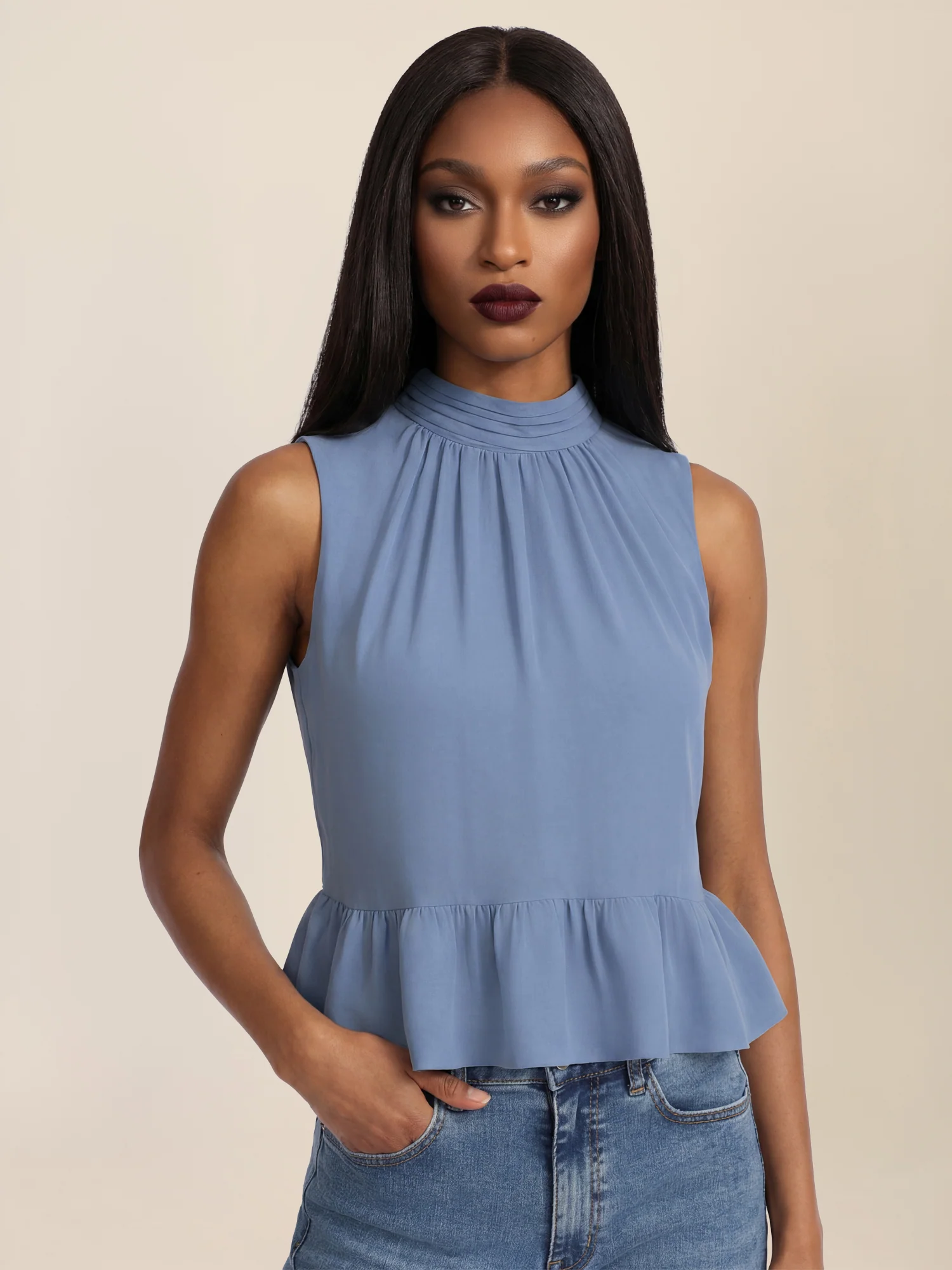 APART Ärmellose Bluse mit Rüschen-Saum | rauchblau - Image 5