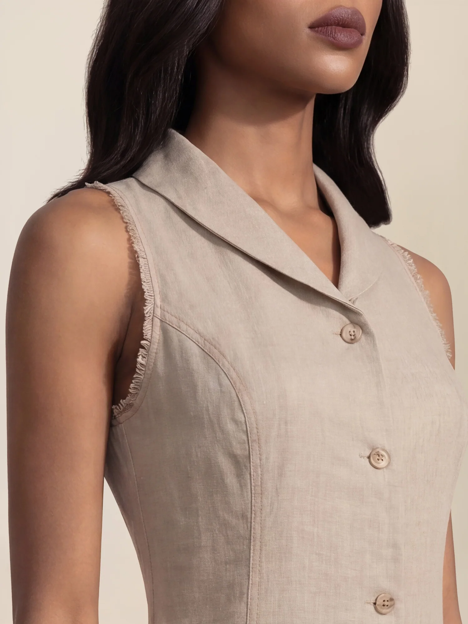 APART Ärmelloses Leinenkleid mit Schalkragen | beige-meliert - Image 5