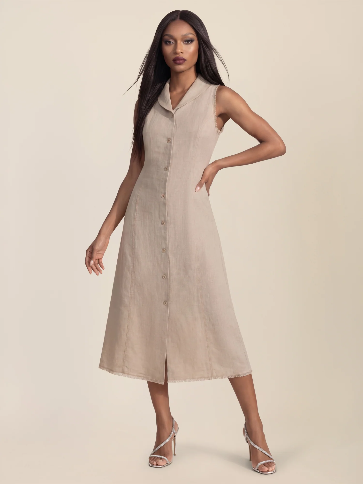 APART Ärmelloses Leinenkleid mit Schalkragen | beige-meliert - Image 6
