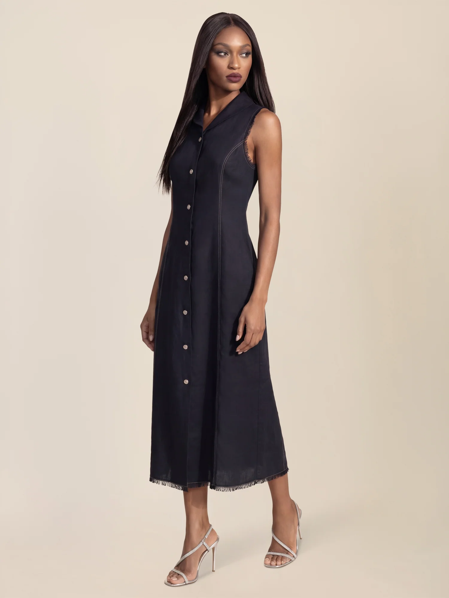 APART Ärmelloses Leinenkleid mit Schalkragen | nachtblau