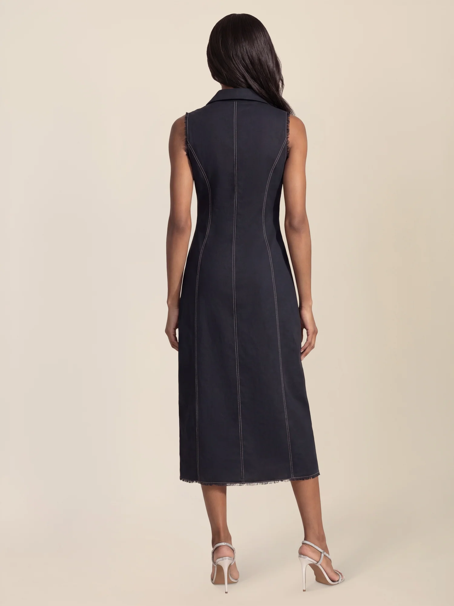 APART Ärmelloses Leinenkleid mit Schalkragen | nachtblau - Image 2