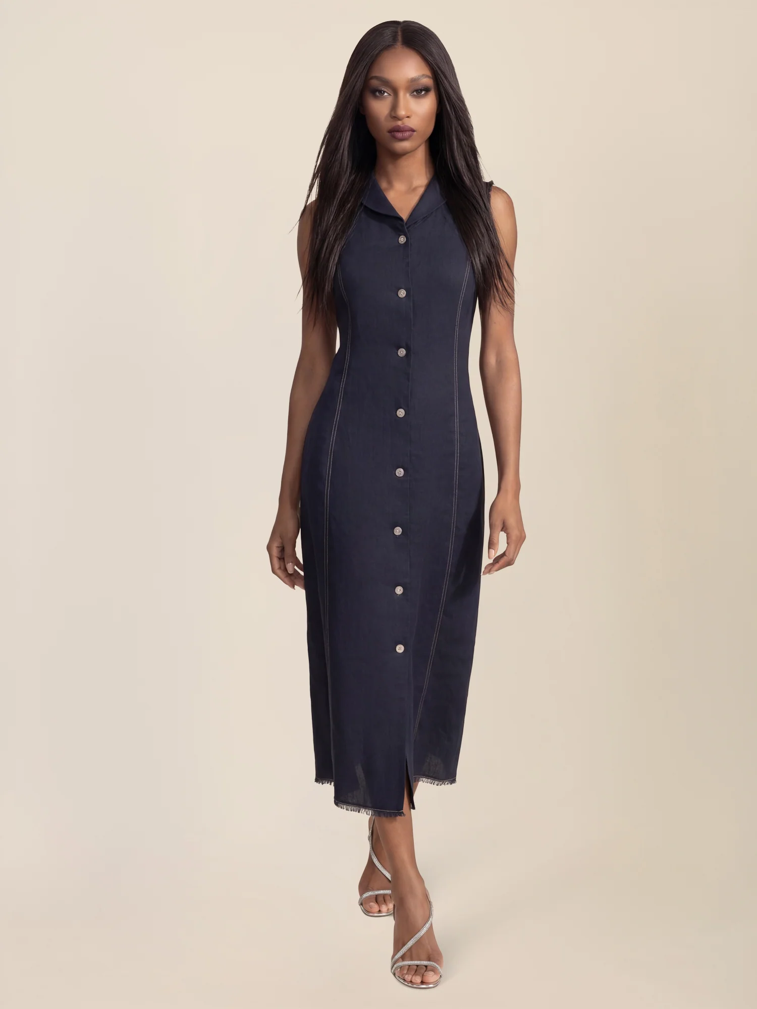 APART Ärmelloses Leinenkleid mit Schalkragen | nachtblau - Image 6
