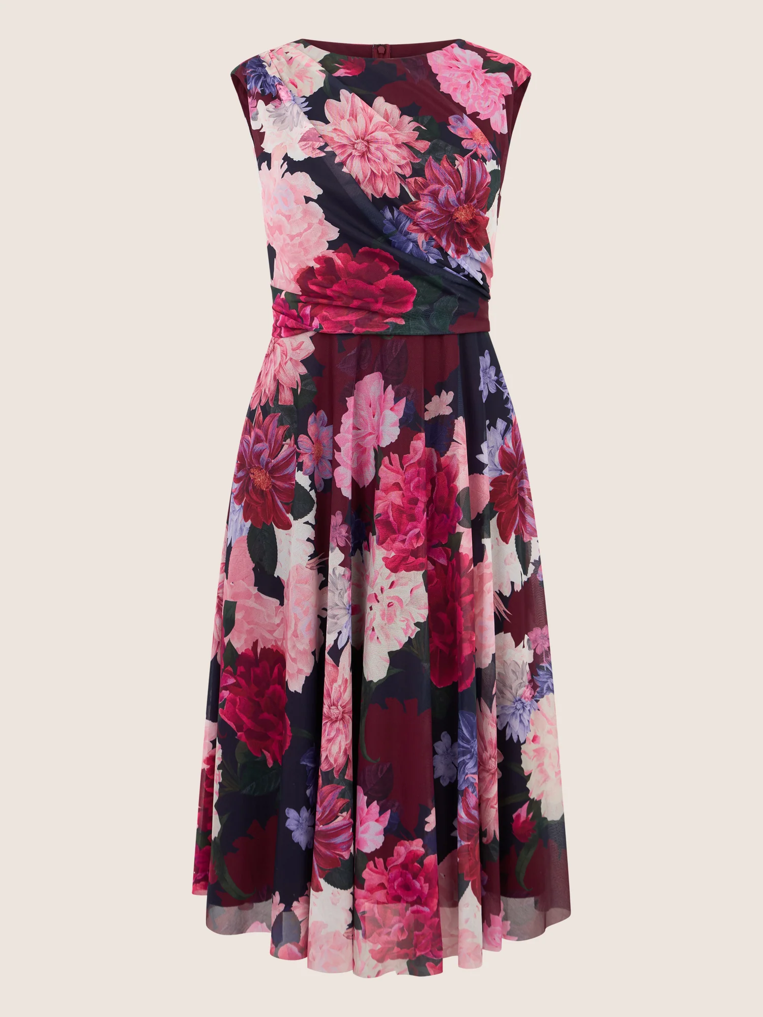 APART Ärmelloses Meshkleid mit Blumenprint und Drapierung | weinrot-multicolor - Image 3