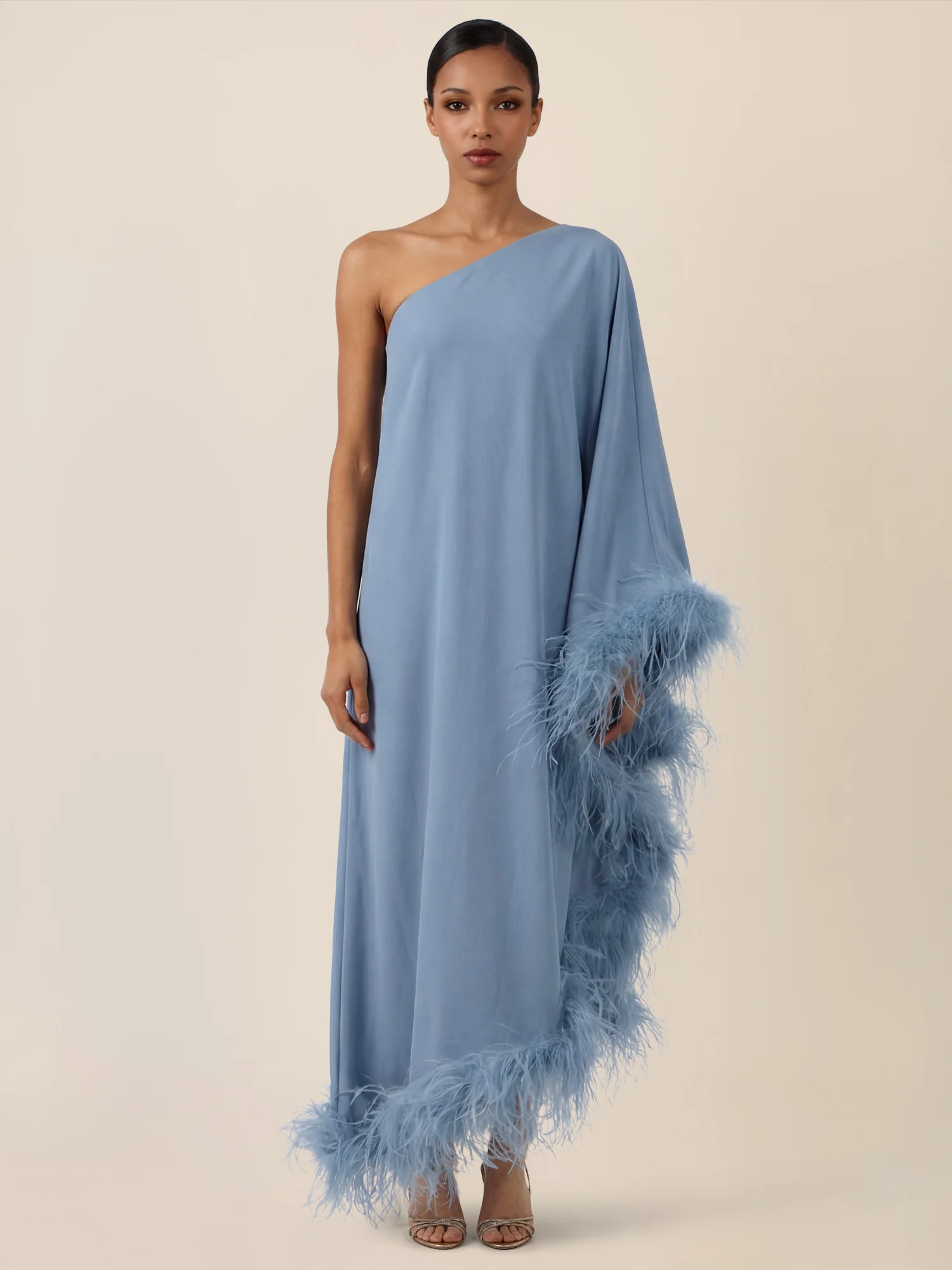 APART Asymmetrisches Abendkleid mit Federn | rauchblau