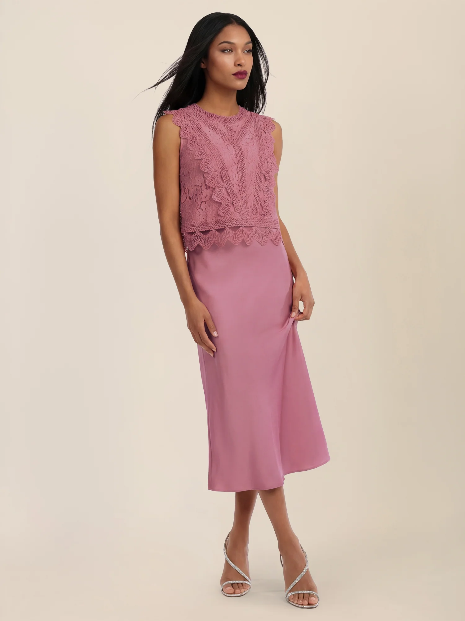 APART Ausgestellter Midirock in fließender Satin-Qualität | rosé - Image 2