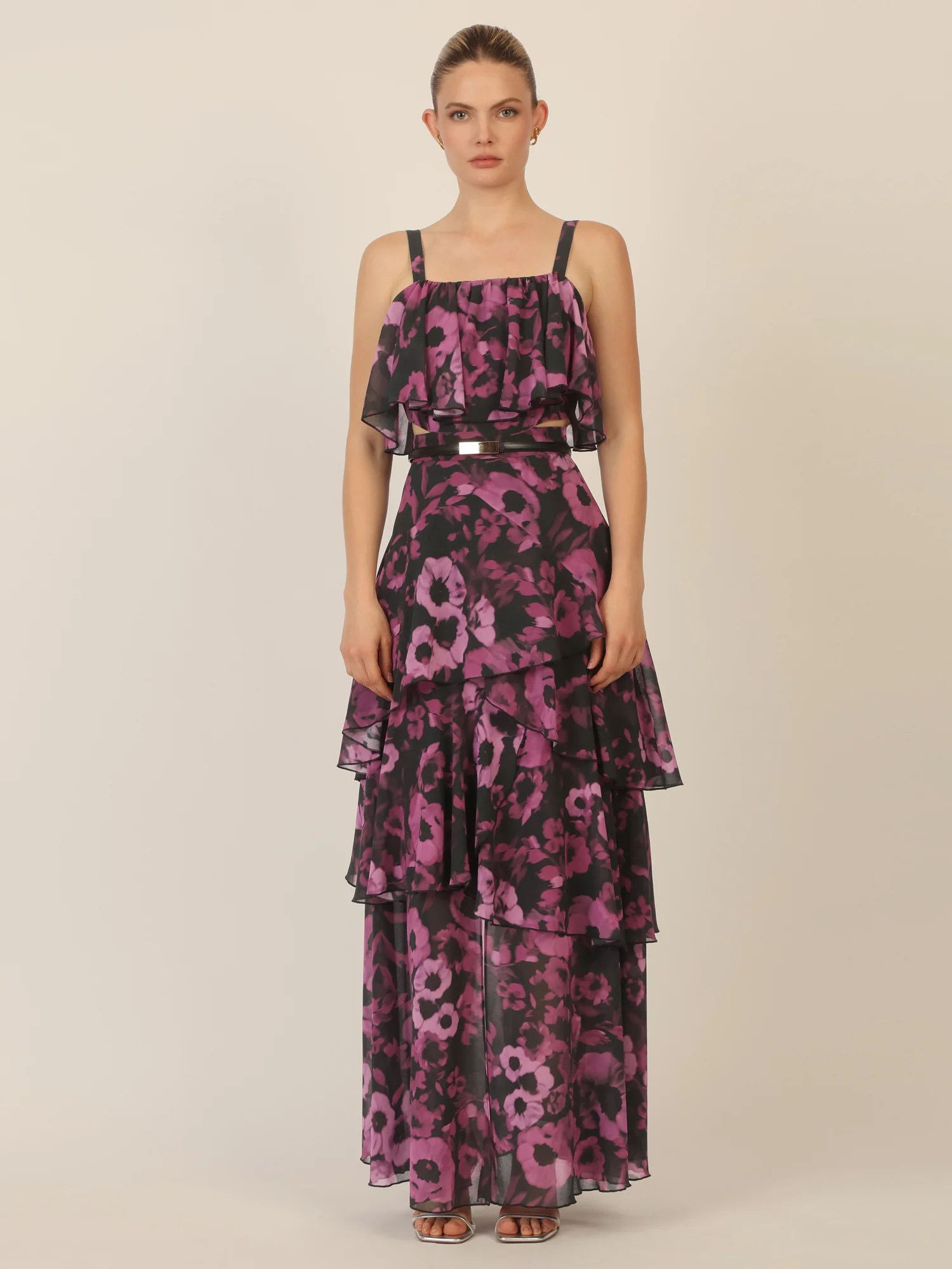APART Chiffonkleid mit Volants und Metallic-Gürtel | schwarz-multicolor - Image 5