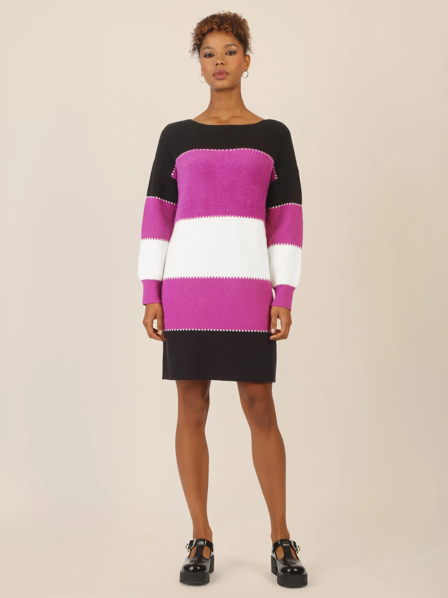 APART Colorblocking Strickkleid mit breiten Blockstreifen | schwarz-lila-creme