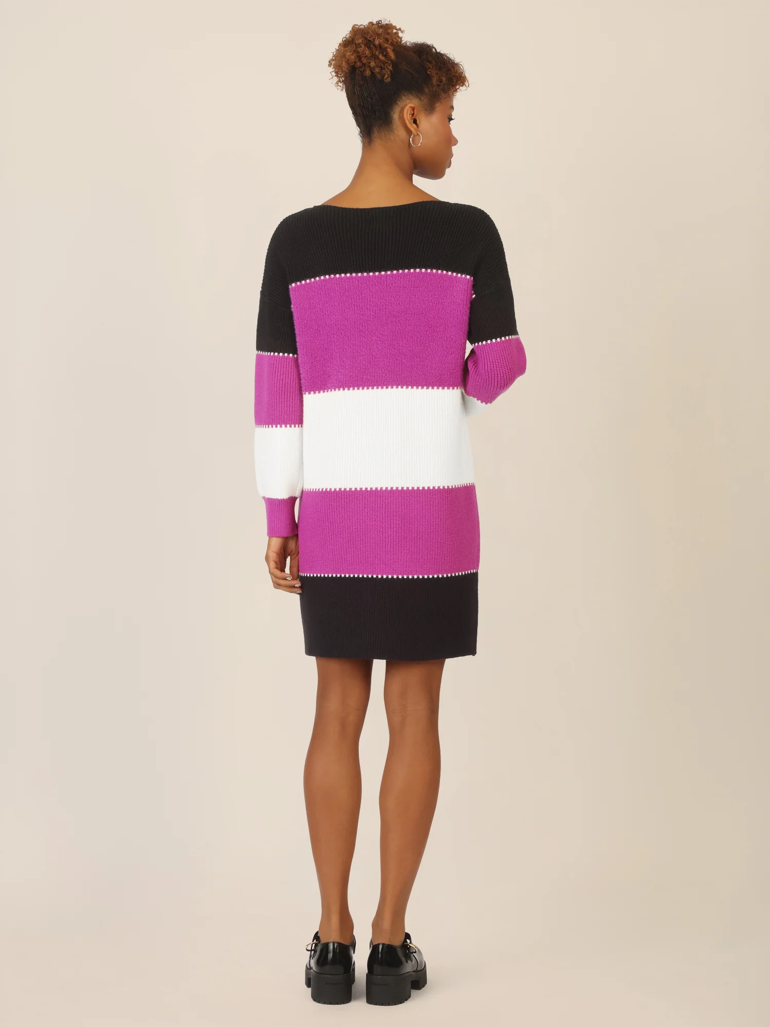 APART Colorblocking Strickkleid mit breiten Blockstreifen | schwarz-lila-creme - Image 2