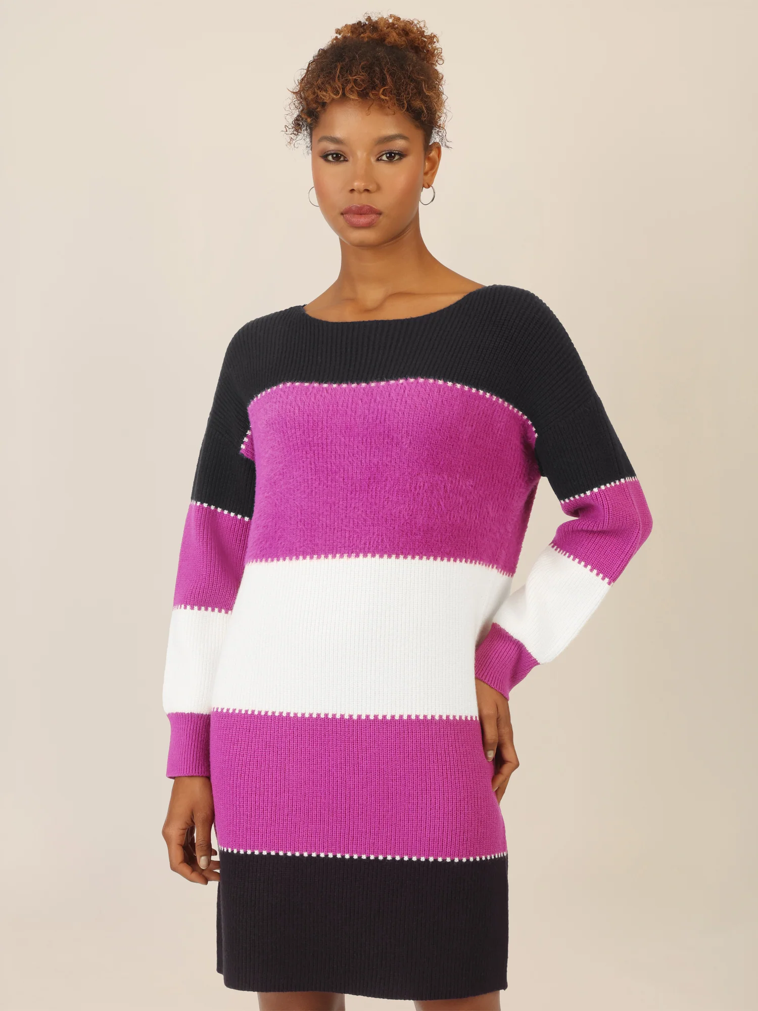 APART Colorblocking Strickkleid mit breiten Blockstreifen | schwarz-lila-creme - Image 4