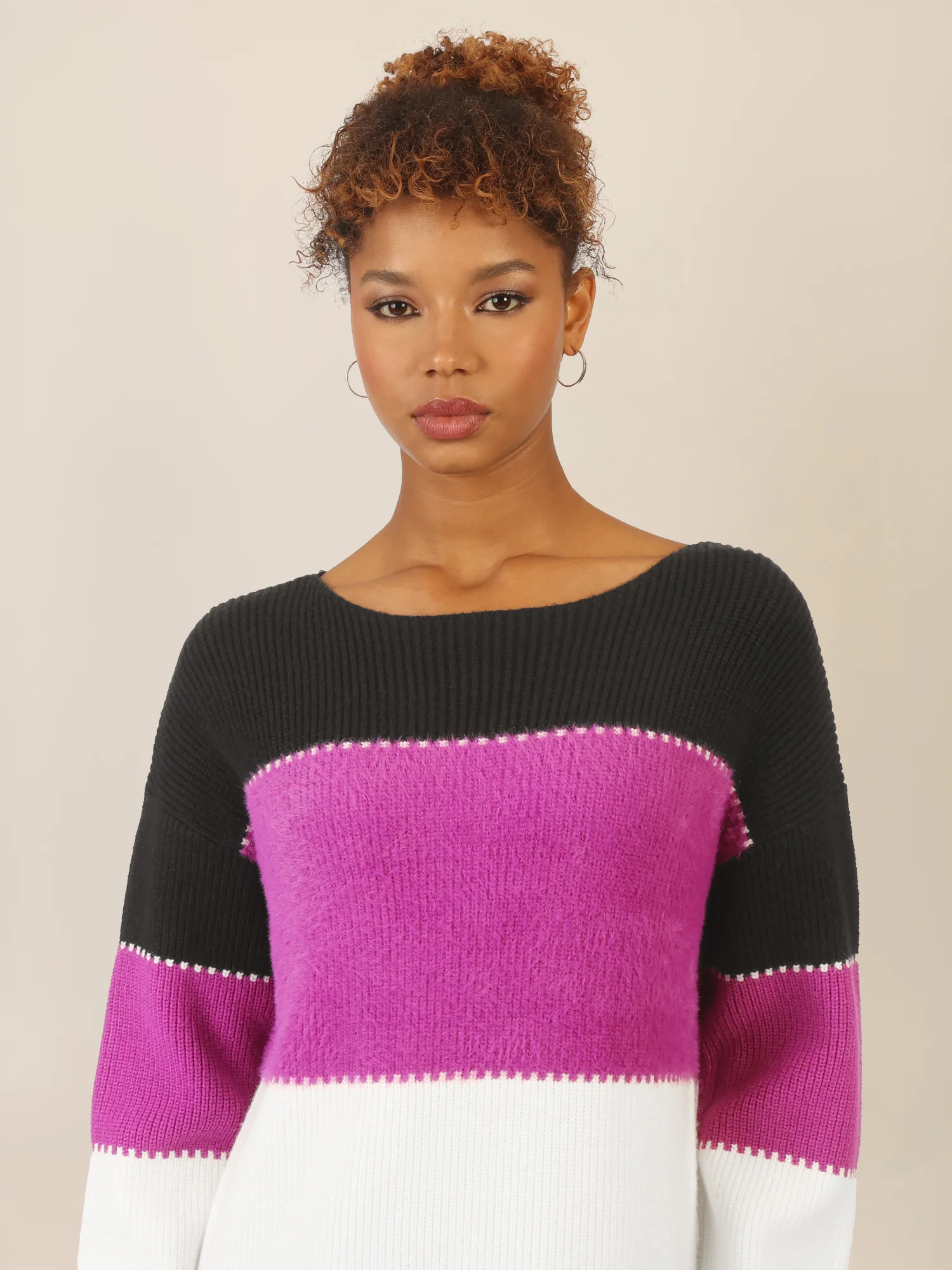 APART Colorblocking Strickkleid mit breiten Blockstreifen | schwarz-lila-creme - Image 5