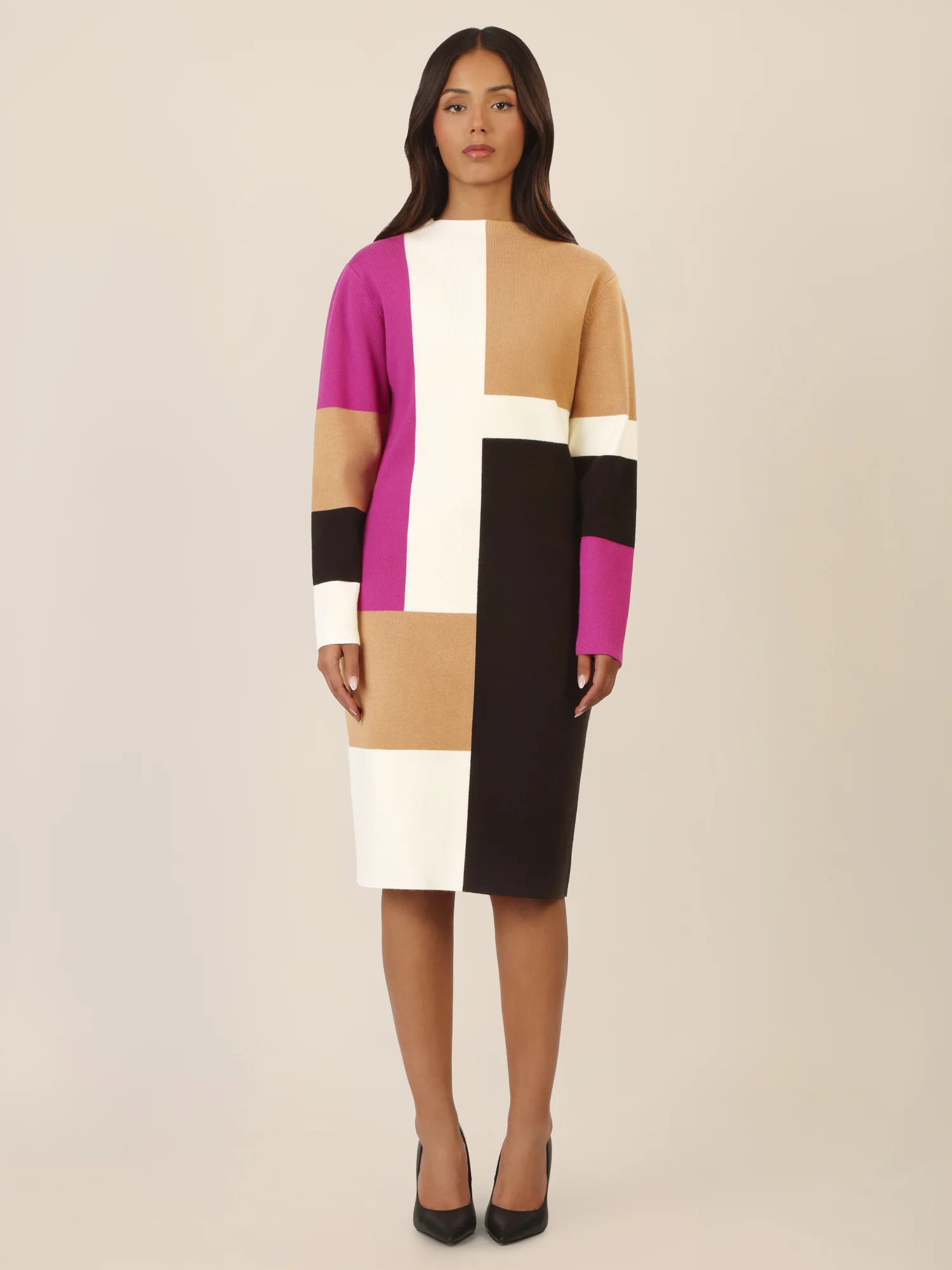 APART Colorblocking Strickkleid mit grafischem Blockmuster | lila-multicolor - Image 5