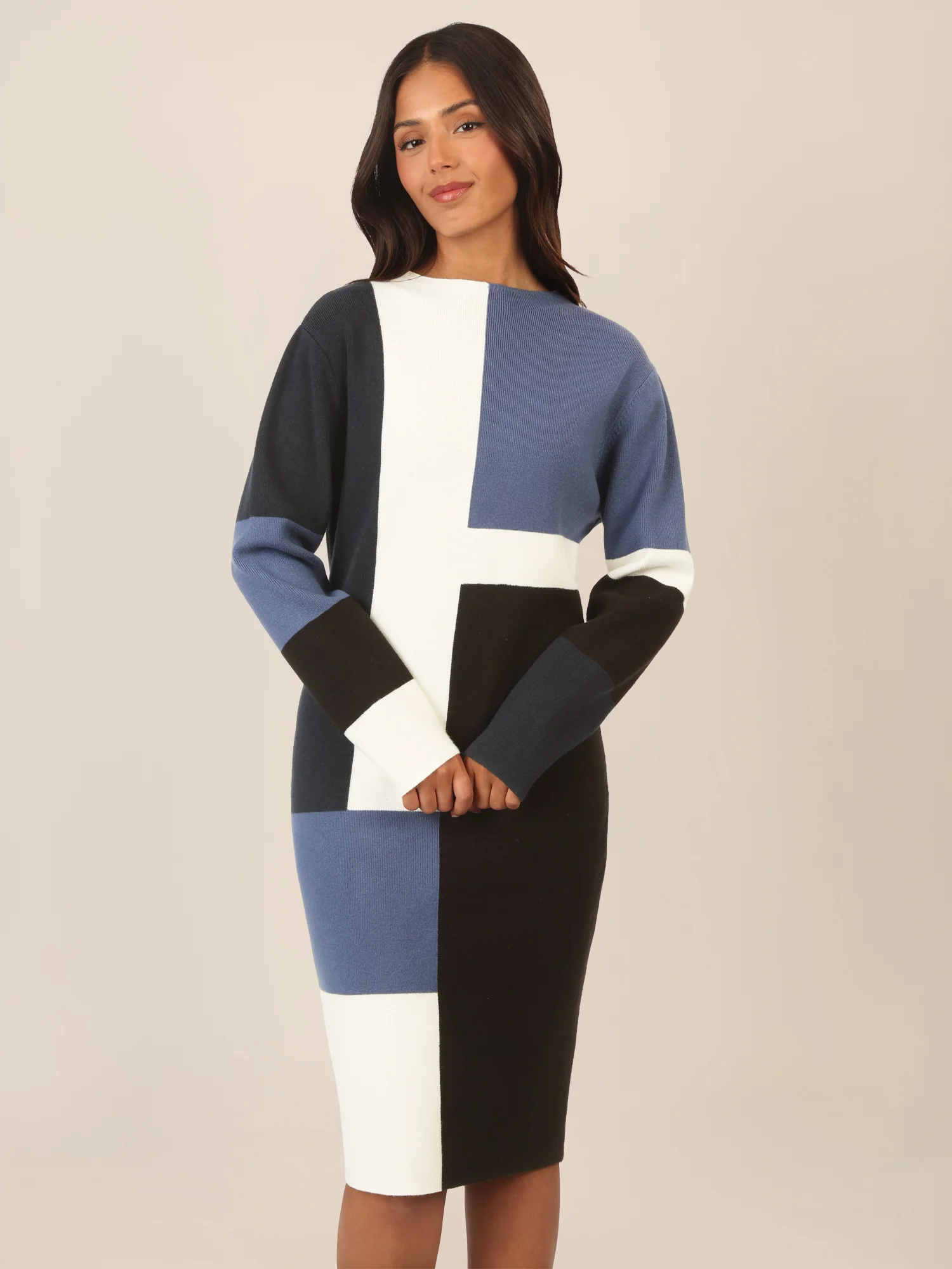 APART Colorblocking Strickkleid mit grafischem Blockmuster | nachtblau-multicolor - Image 4