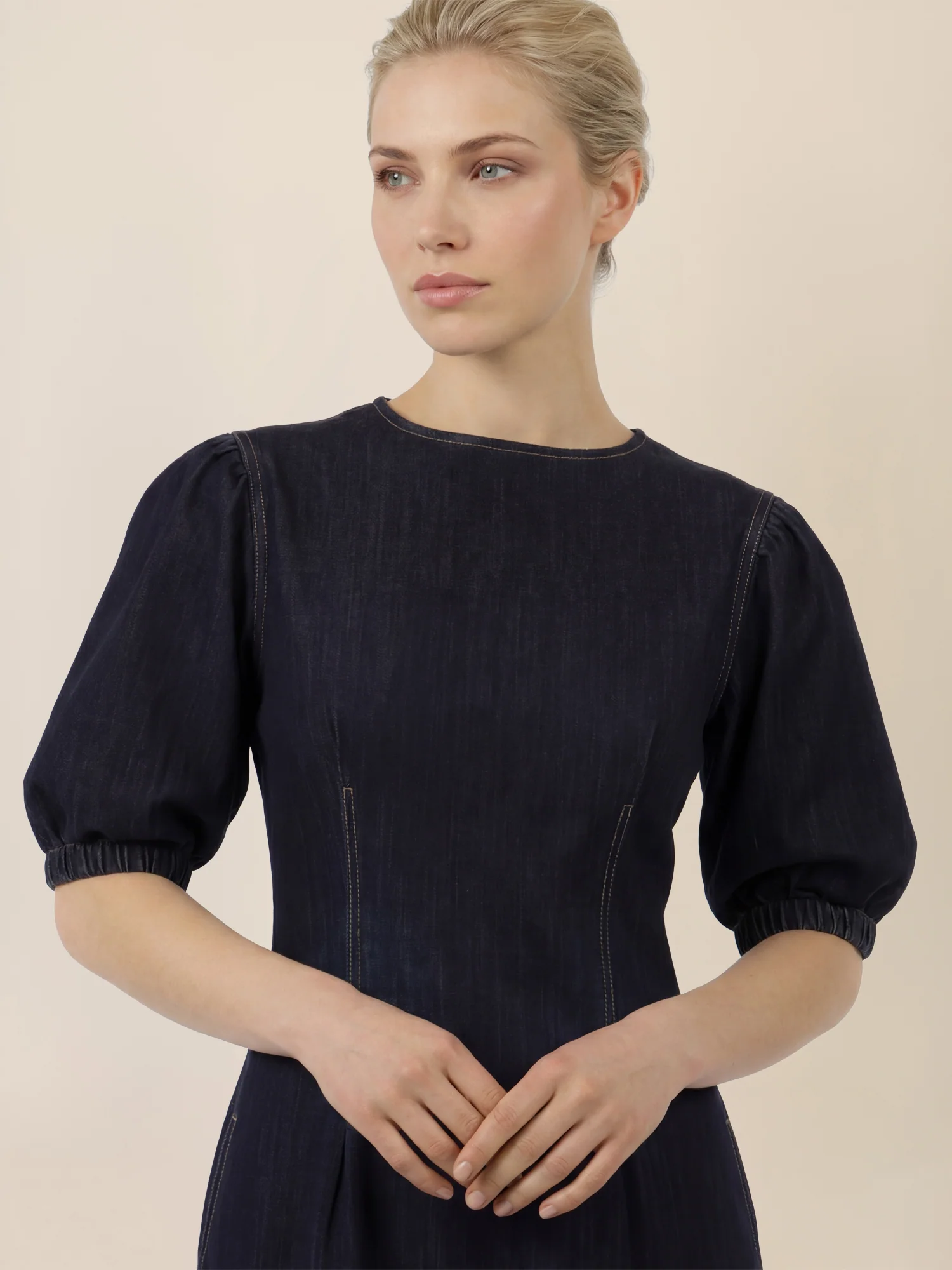 APART Denimkleid mit Puffärmeln | dunkelblau - Image 4