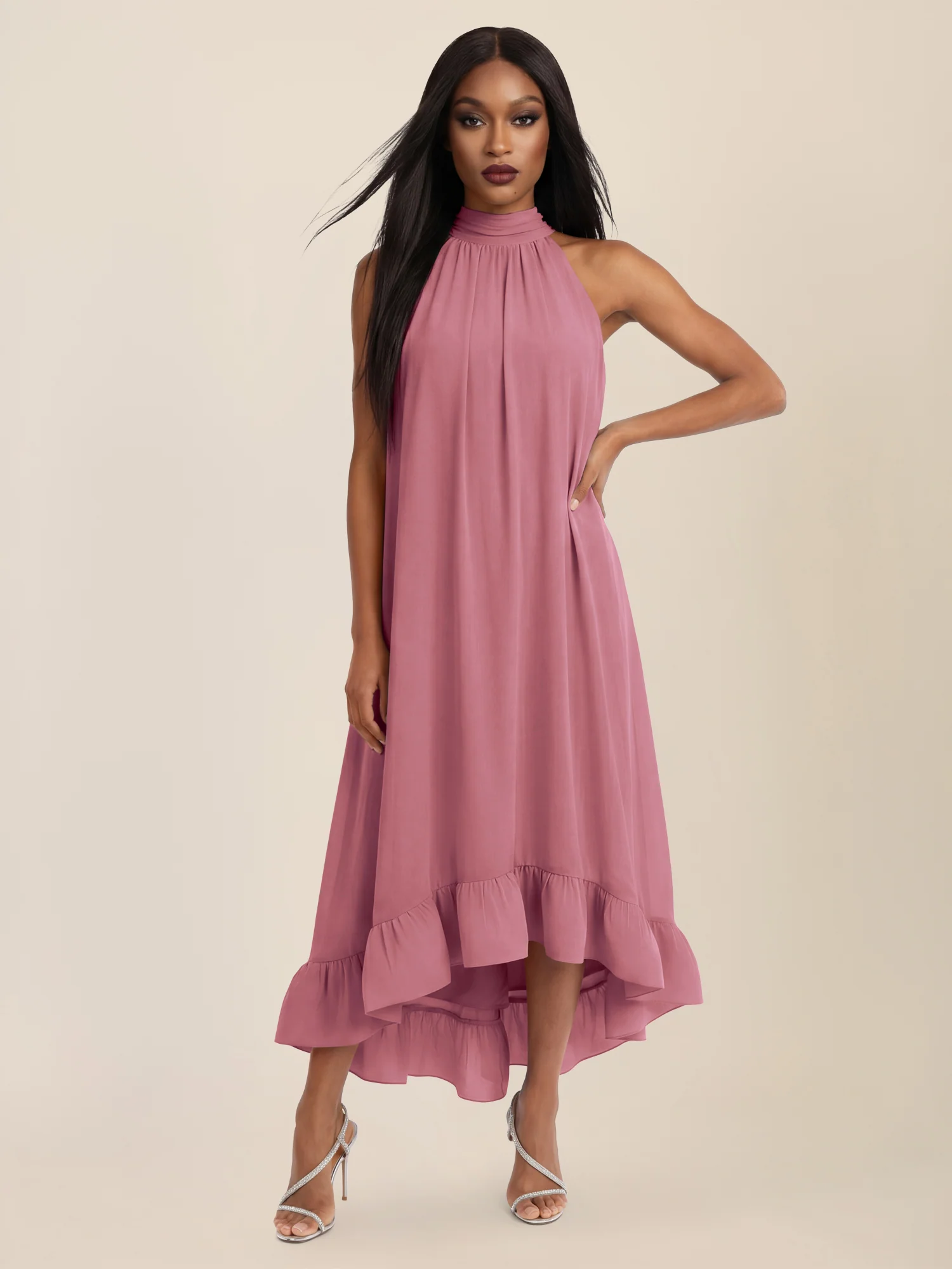 APART Elegantes Chiffonkleid mit Volantsaum | rosé