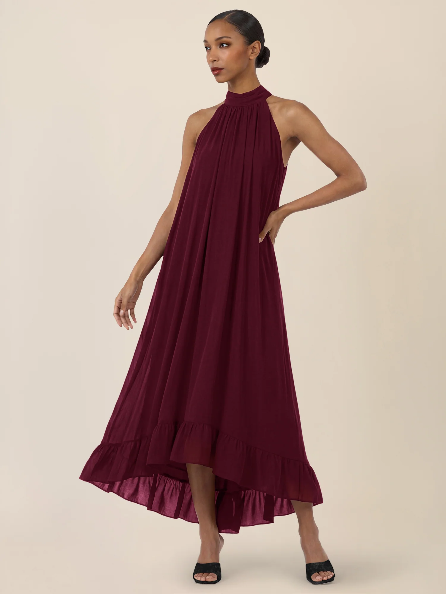 APART Elegantes Chiffonkleid mit Volantsaum | weinrot - Image 5