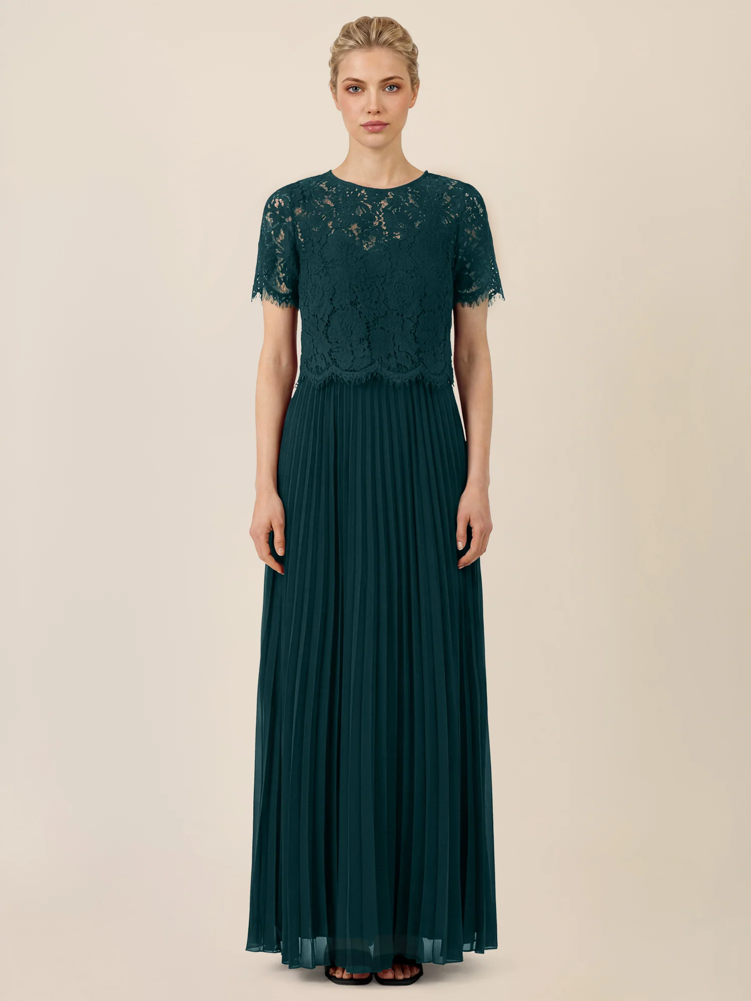 APART Elegantes Maxikleid mit Spitzenoberteil und Plisseerock | emerald