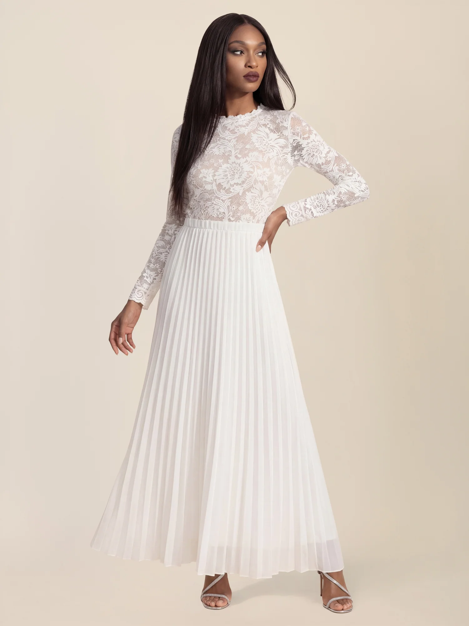 APART Elegantes Spitzenkleid mit Plissee-Rock | creme-nude - Image 6