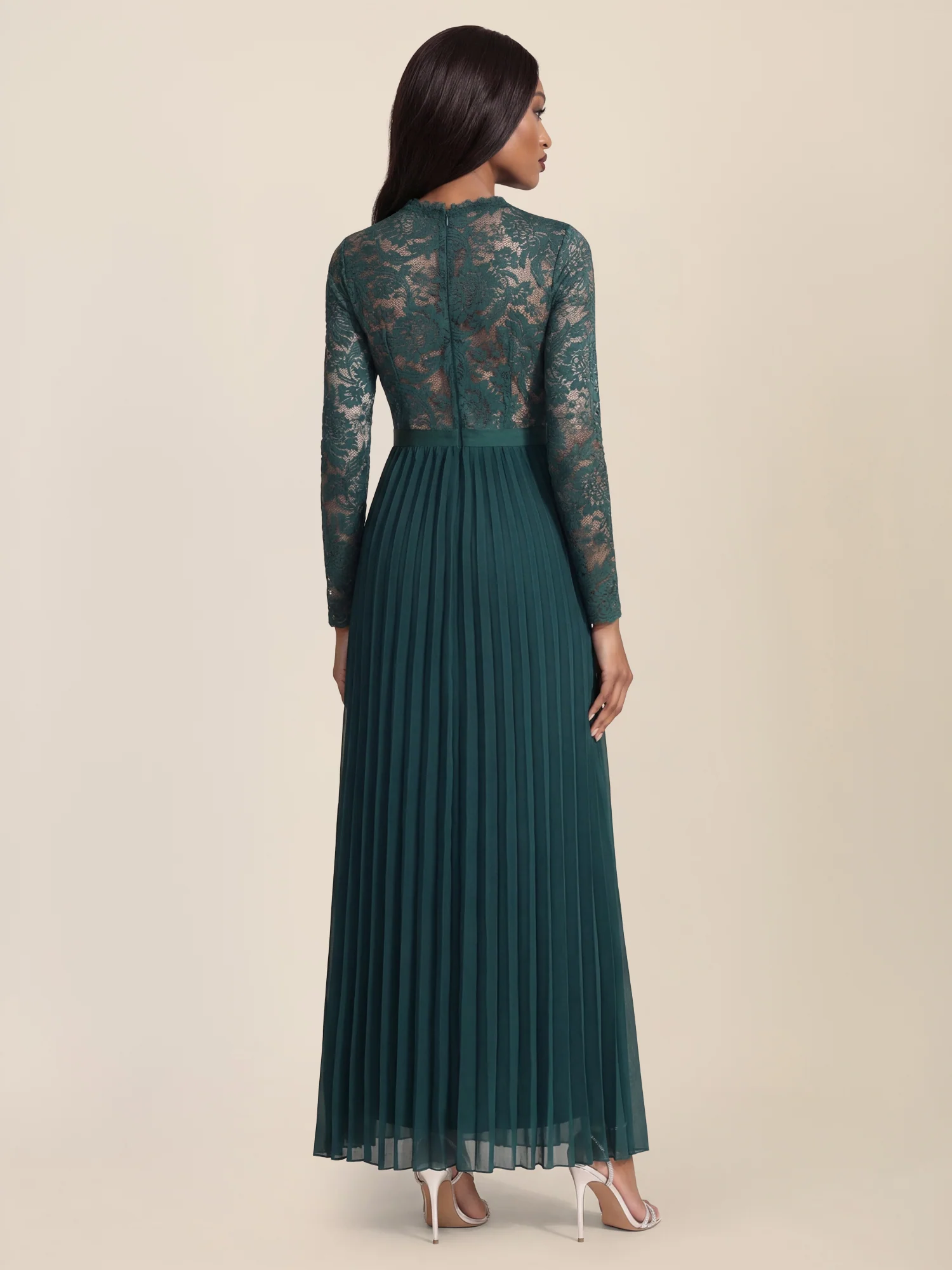 APART Elegantes Spitzenkleid mit Plissee-Rock | emerald-nude - Image 2
