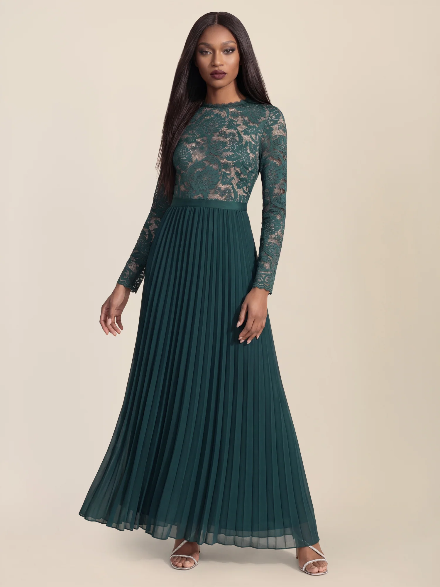 APART Elegantes Spitzenkleid mit Plissee-Rock | emerald-nude - Image 6