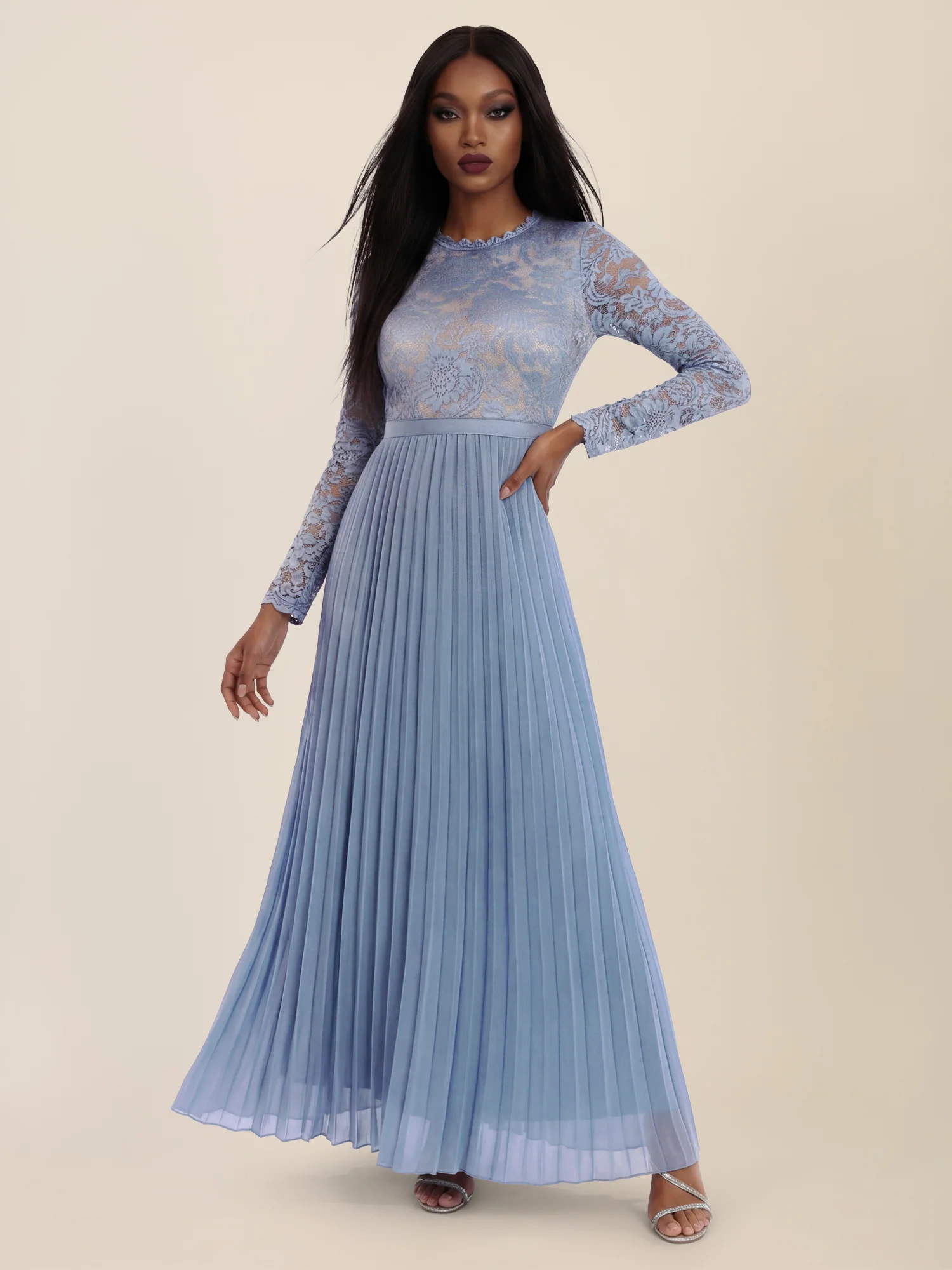 APART Elegantes Spitzenkleid mit Plissee-Rock | rauchblau-nude - Image 5