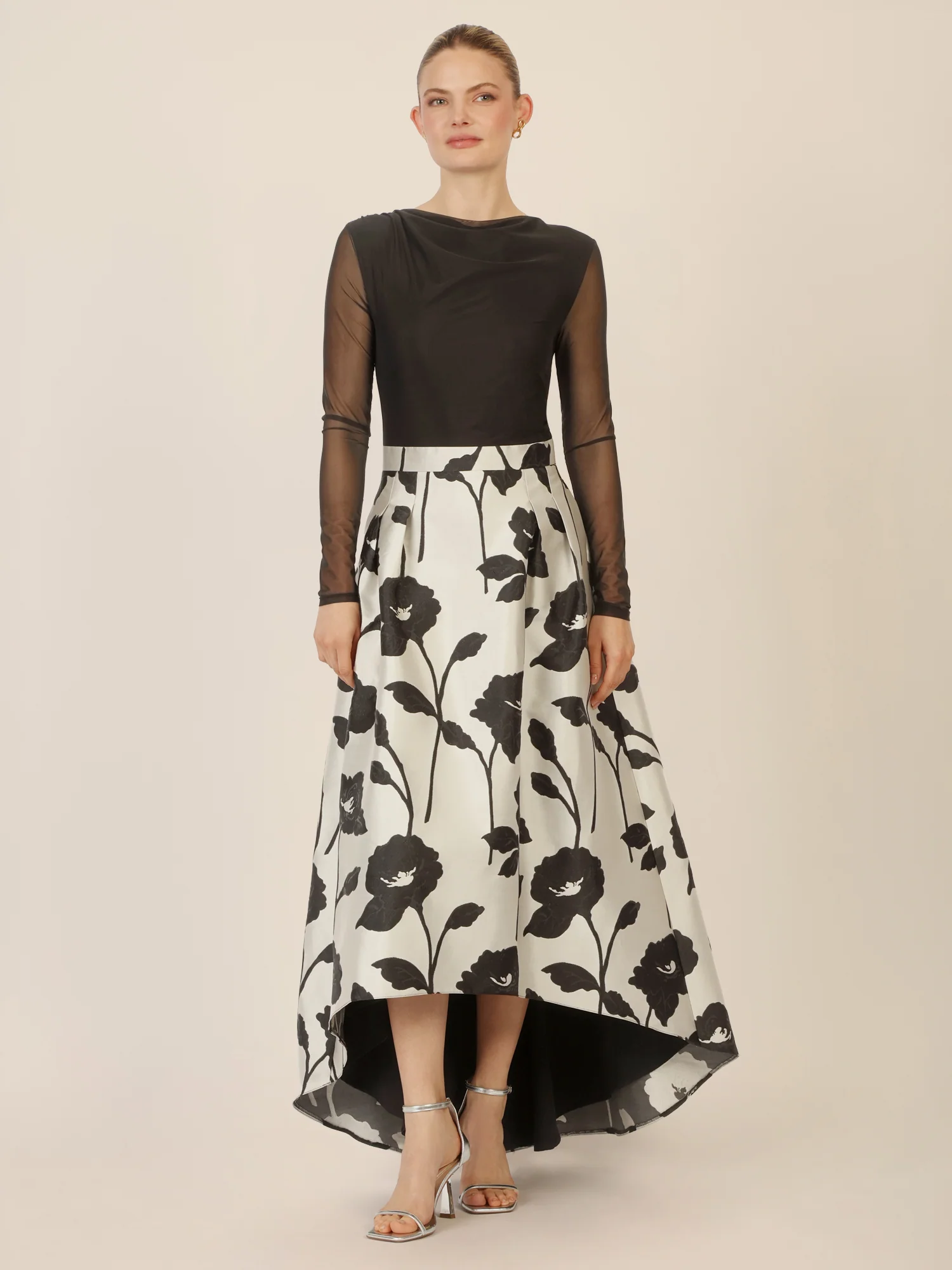 APART Jacquard-Meshkleid mit floraler High-Low-Rockpartie | schwarz-creme