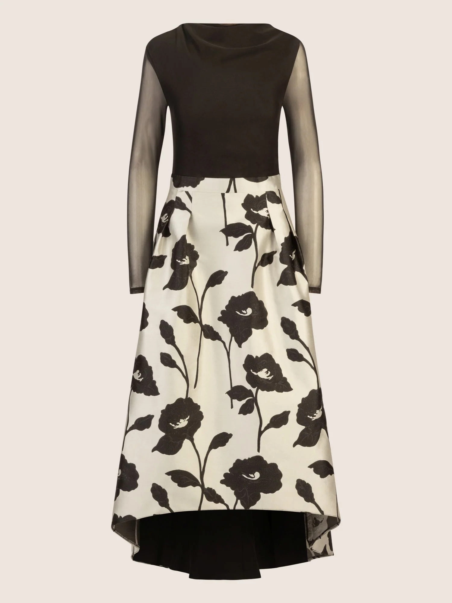 APART Jacquard-Meshkleid mit floraler High-Low-Rockpartie | schwarz-creme - Image 3