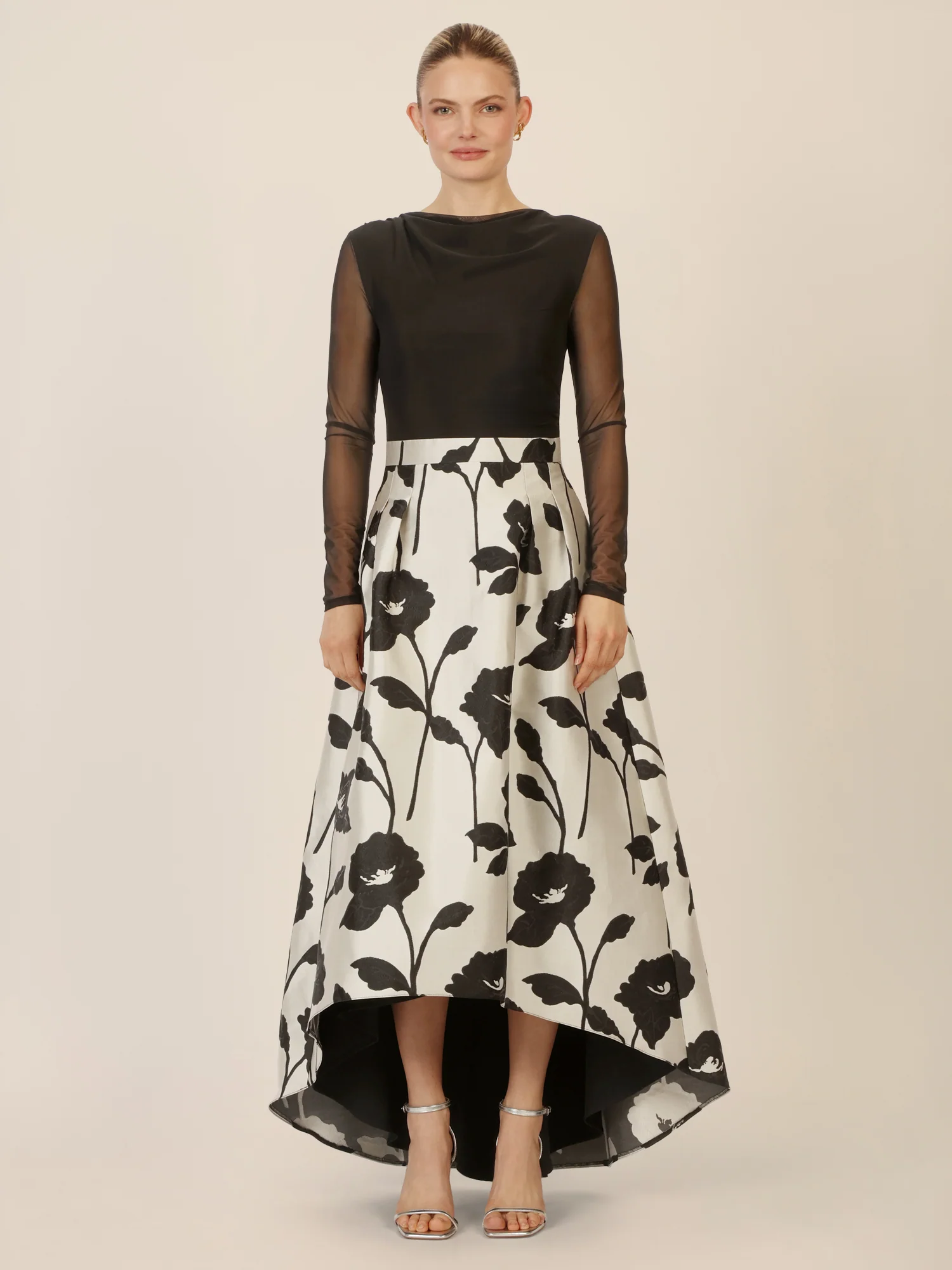 APART Jacquard-Meshkleid mit floraler High-Low-Rockpartie | schwarz-creme - Image 5