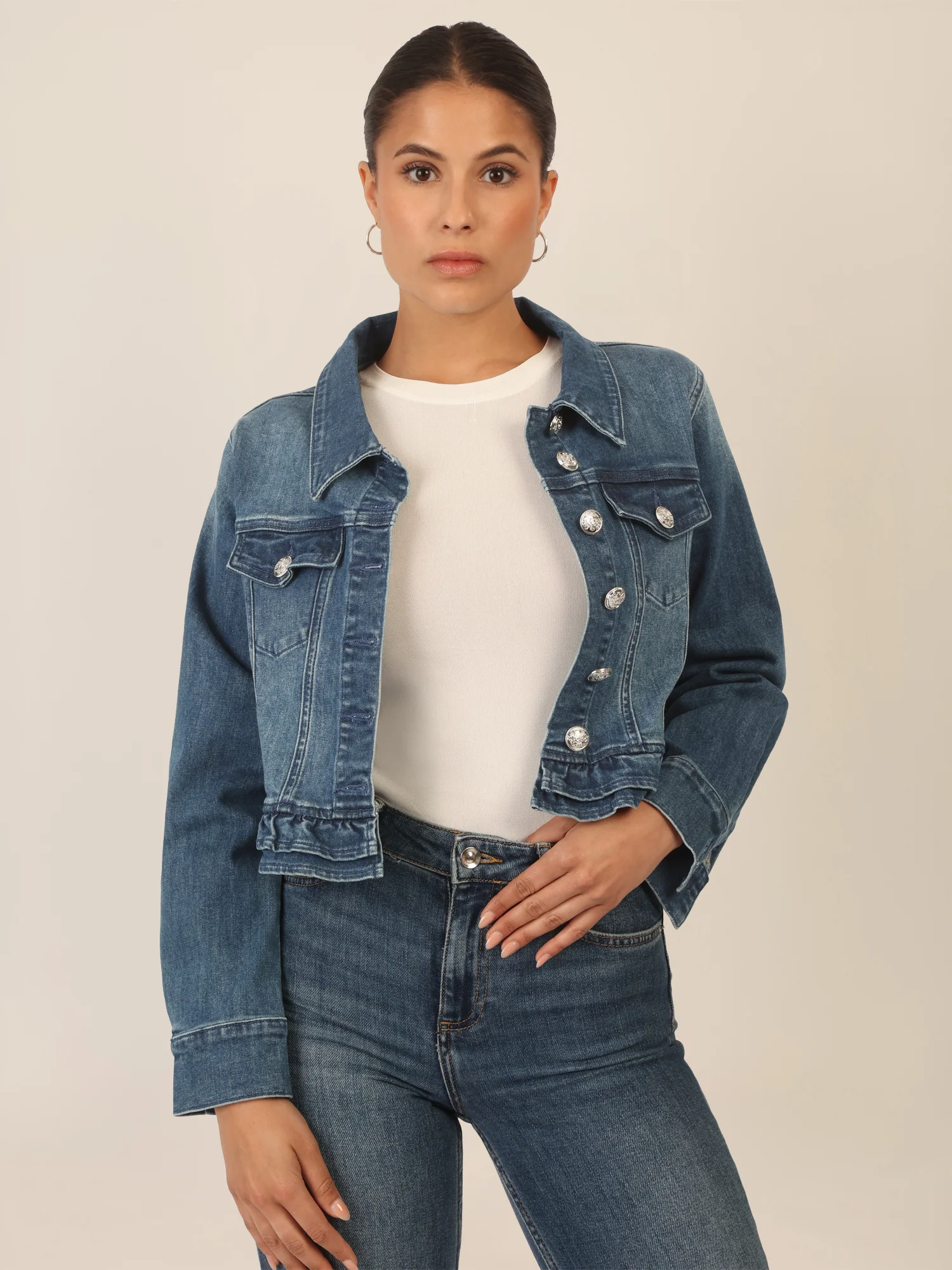 APART Jeansjacke mit Rüschen | mittelblau