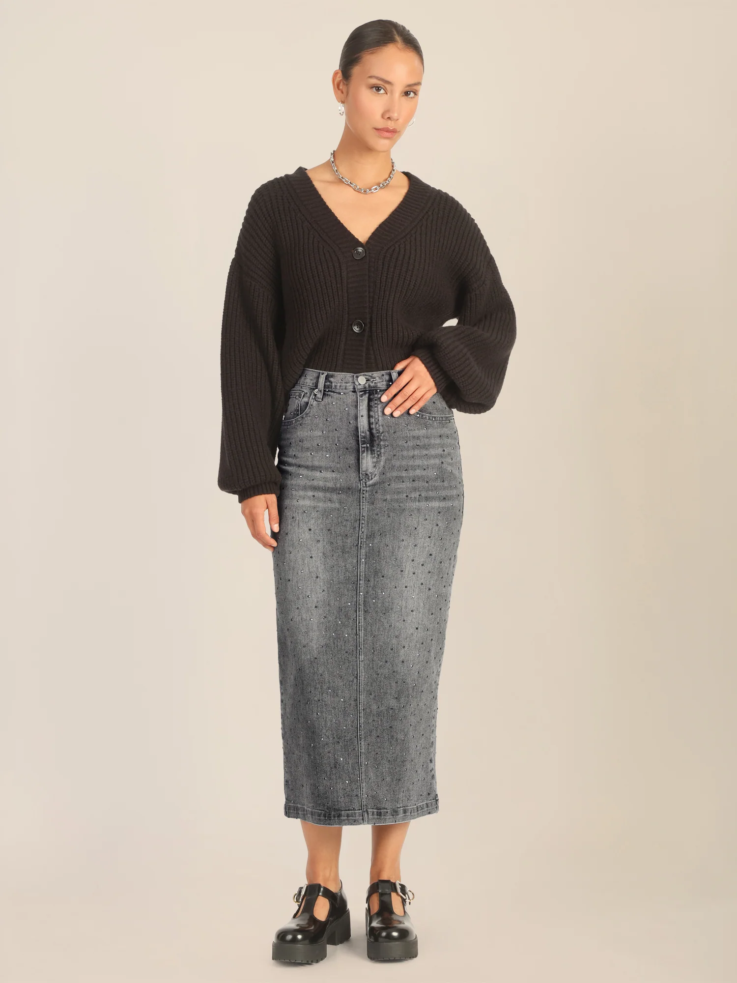 APART Jeansrock mit Kristallsteinen in Allover-Optik | grau - Image 2