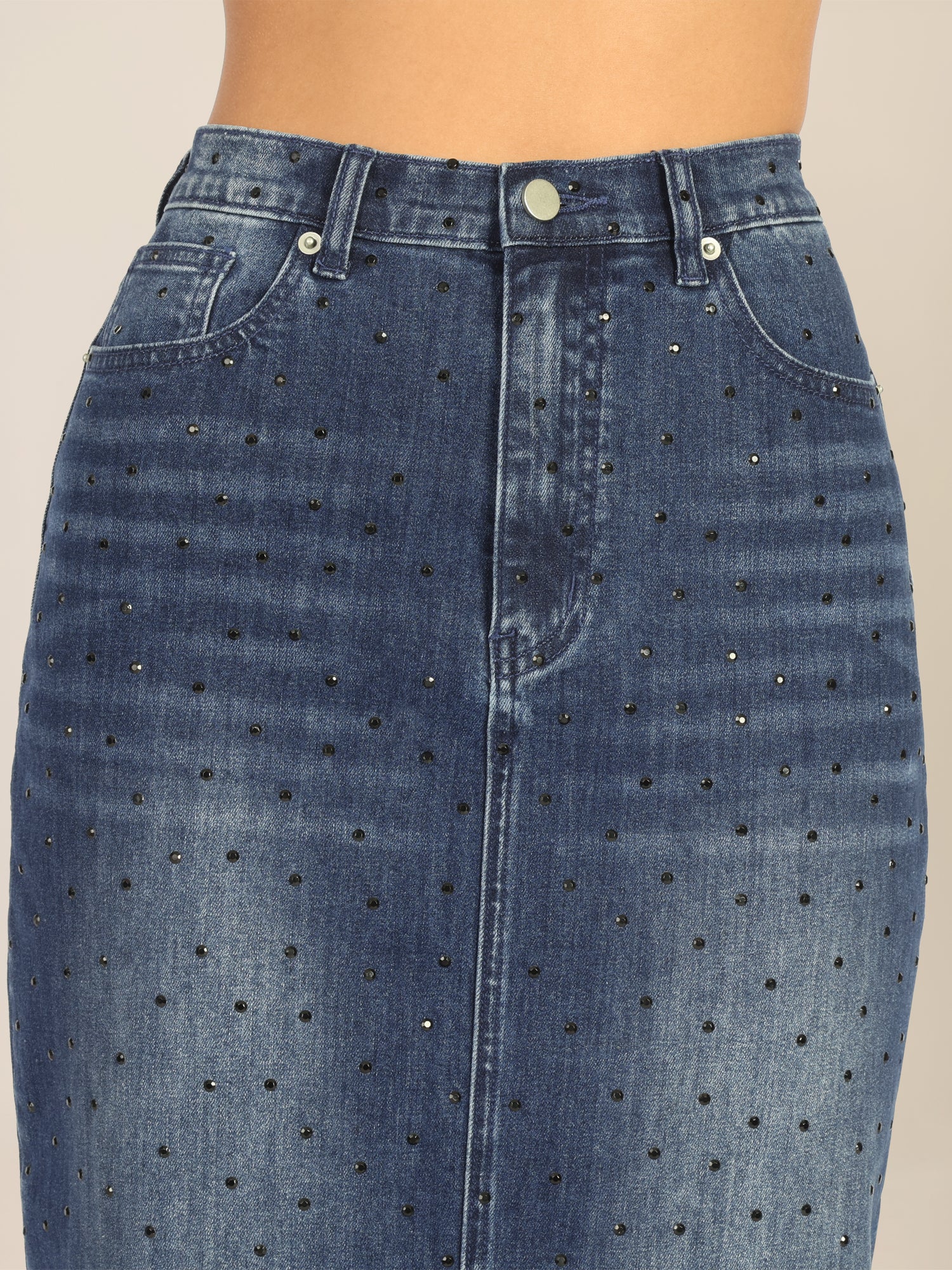 APART Jeansrock mit Kristallsteinen in Allover-Optik | mittelblau - Image 5