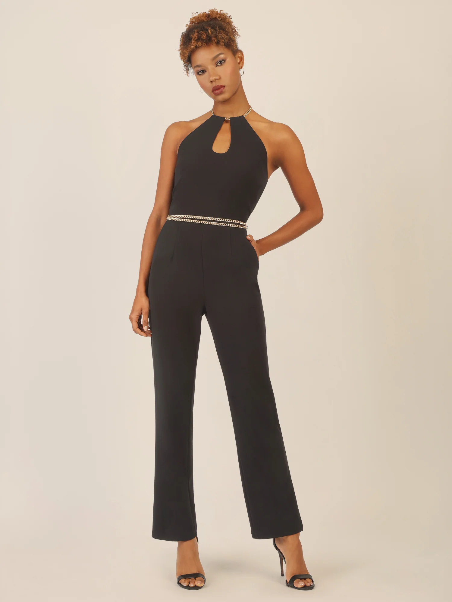 APART Jerseyoverall mit Gold-Details und Neckholder | schwarz