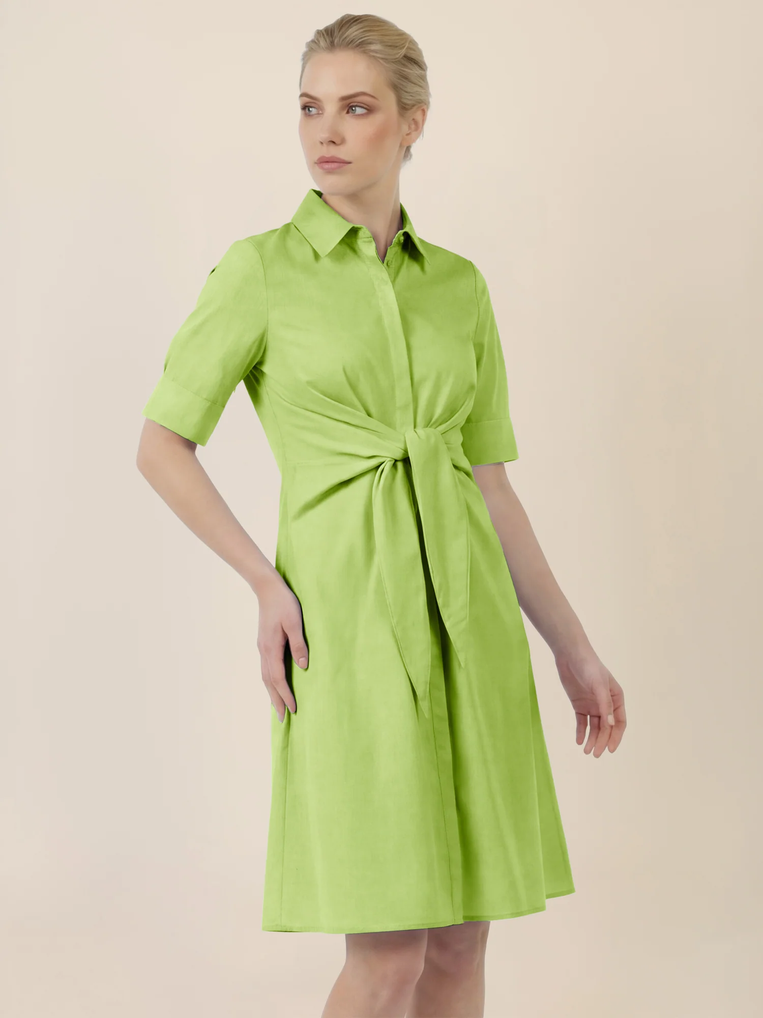 APART Kleid mit Bindegürtel und Hemdblusenkragen | apfelgrün - Image 4
