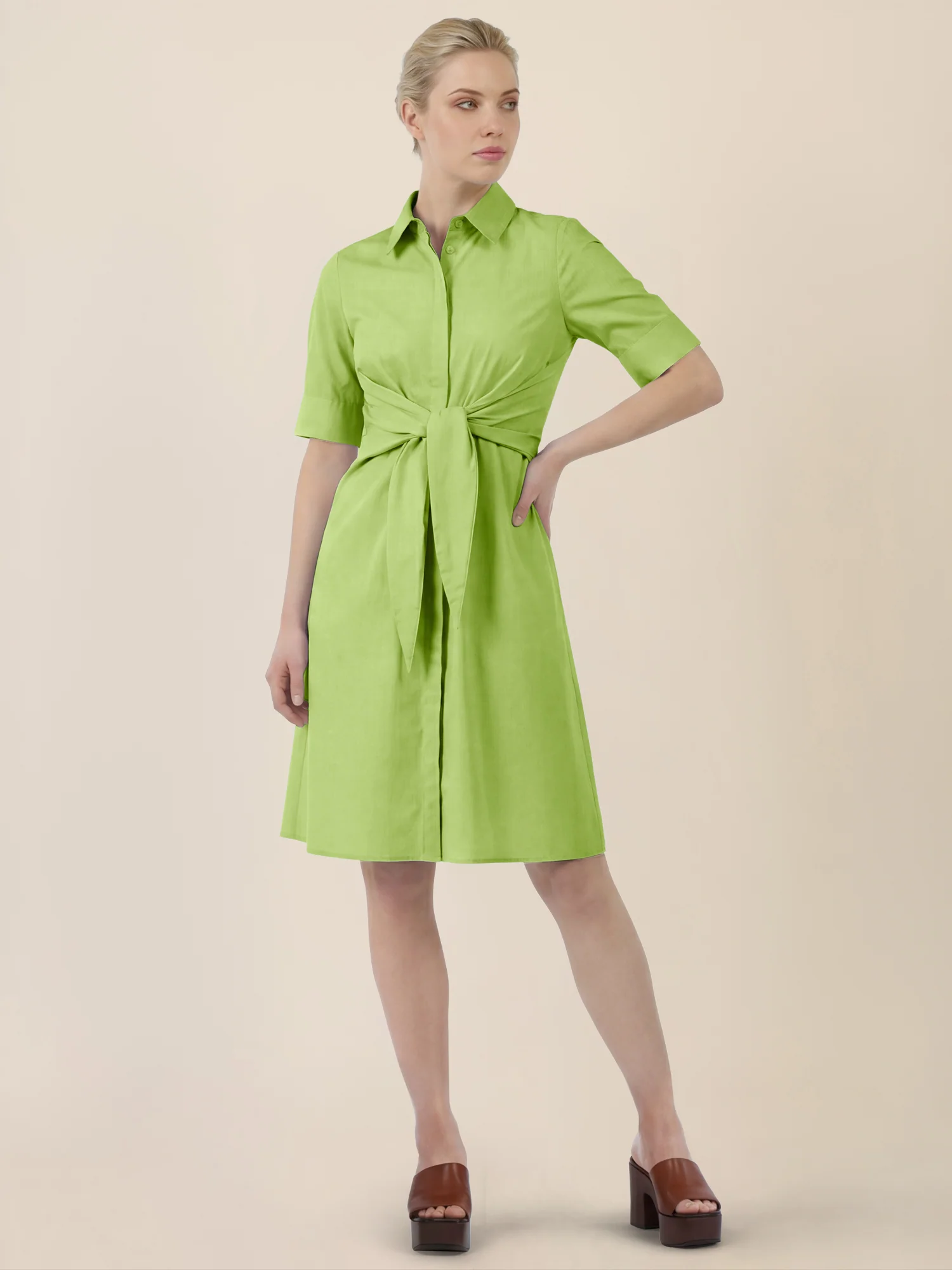 APART Kleid mit Bindegürtel und Hemdblusenkragen | apfelgrün - Image 6