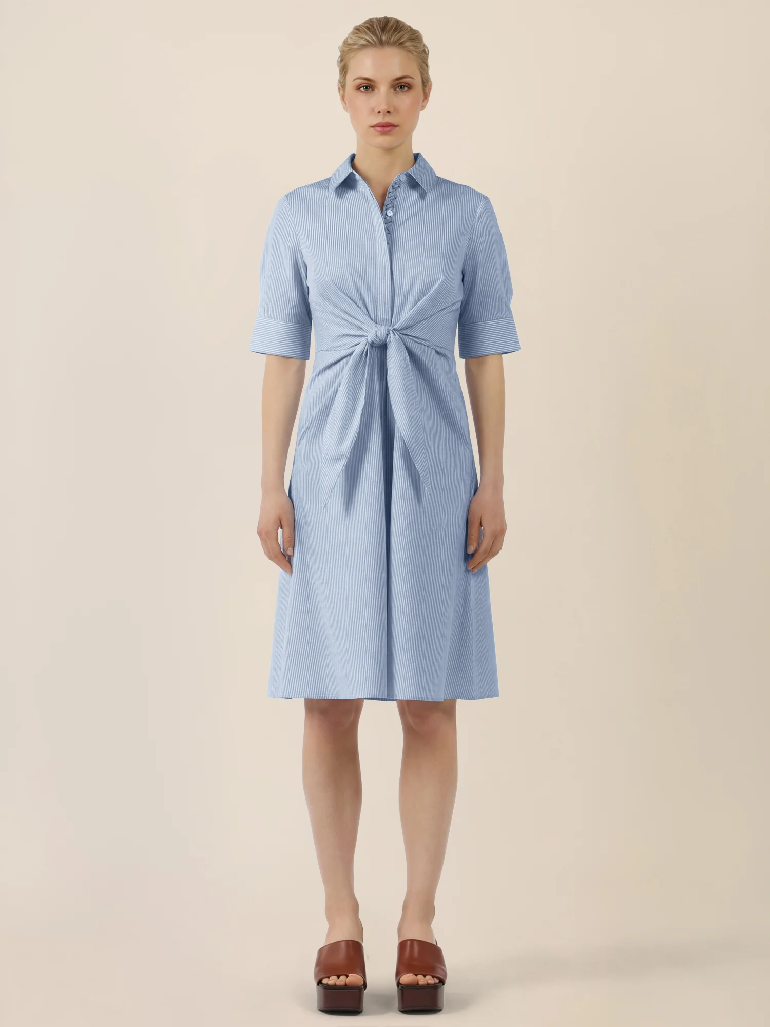 APART Kleid mit Bindeschleife und feiner Streifenoptik | hellblau-creme
