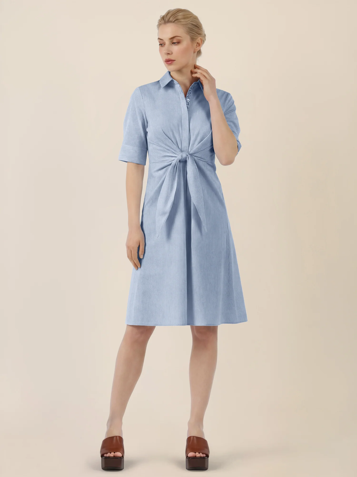 APART Kleid mit Bindeschleife und feiner Streifenoptik | hellblau-creme - Image 6