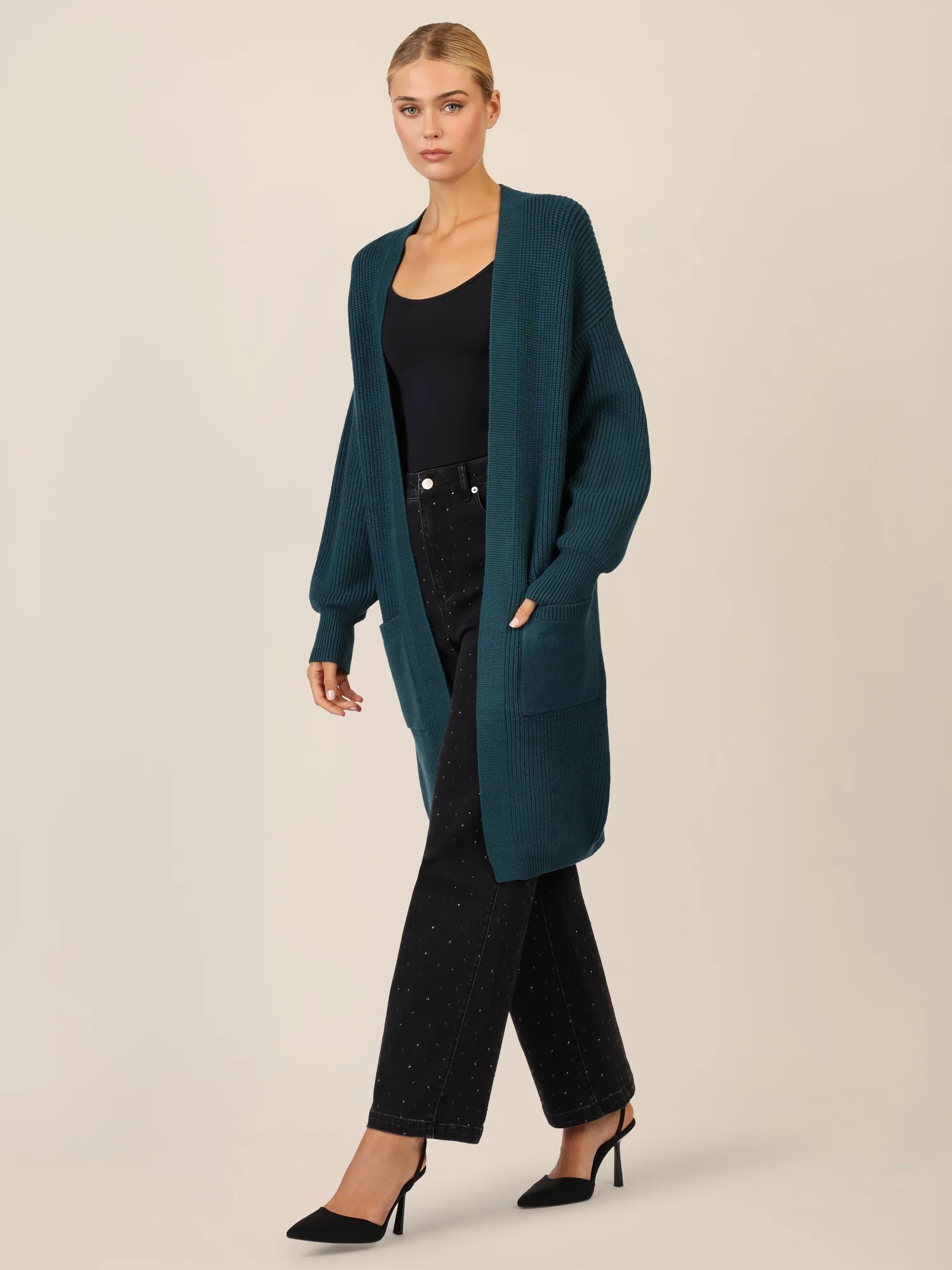 APART Lange Strickjacke mit aufgesetzten Taschen | dunkelgrün - Image 2