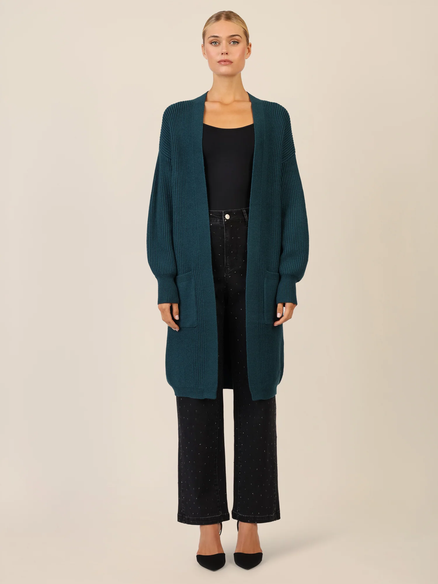APART Lange Strickjacke mit aufgesetzten Taschen | dunkelgrün - Image 6