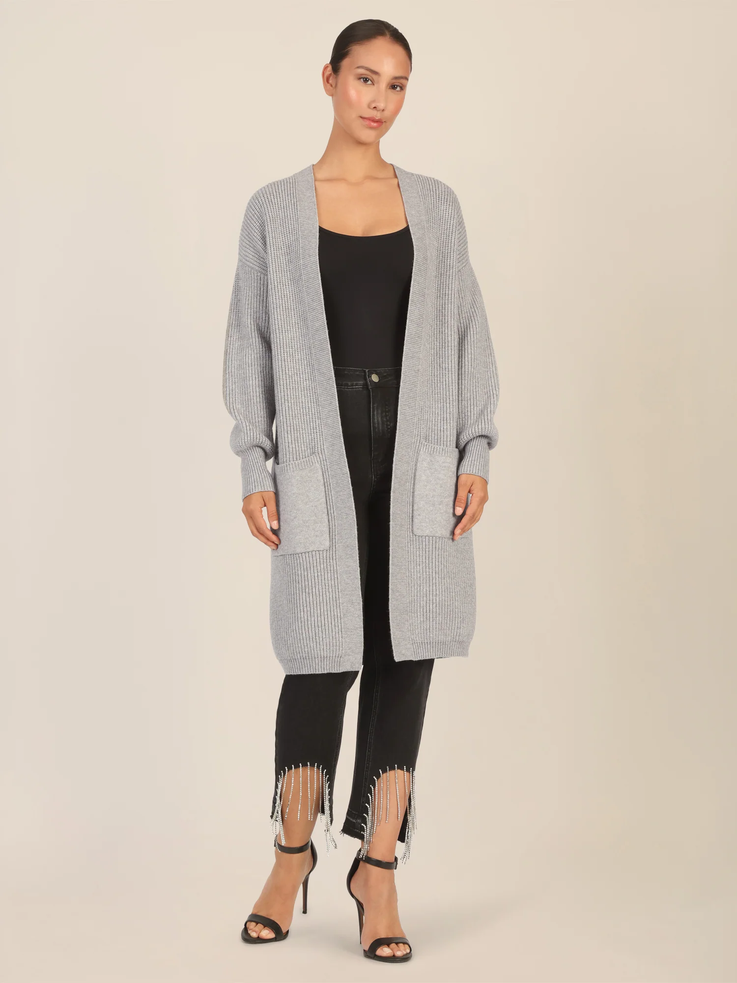 APART Lange Strickjacke mit aufgesetzten Taschen | graumeliert