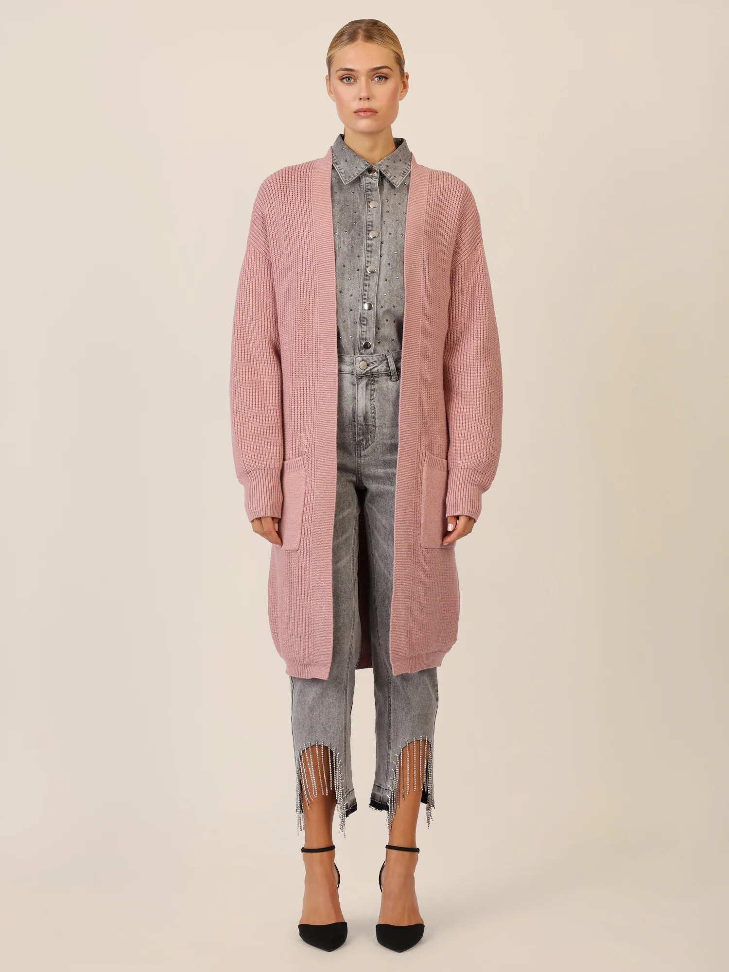 APART Lange Strickjacke mit aufgesetzten Taschen | mauve - Image 6