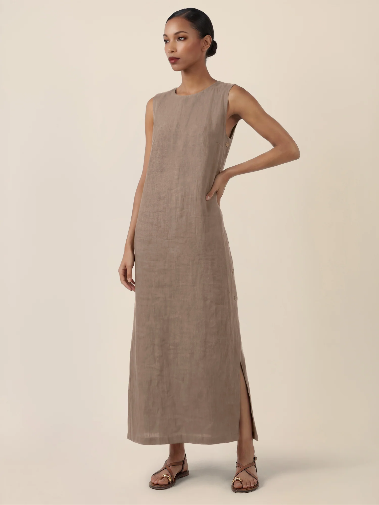 APART Leinenkleid mit seitlicher Knopfleiste | cappuccino - Image 6