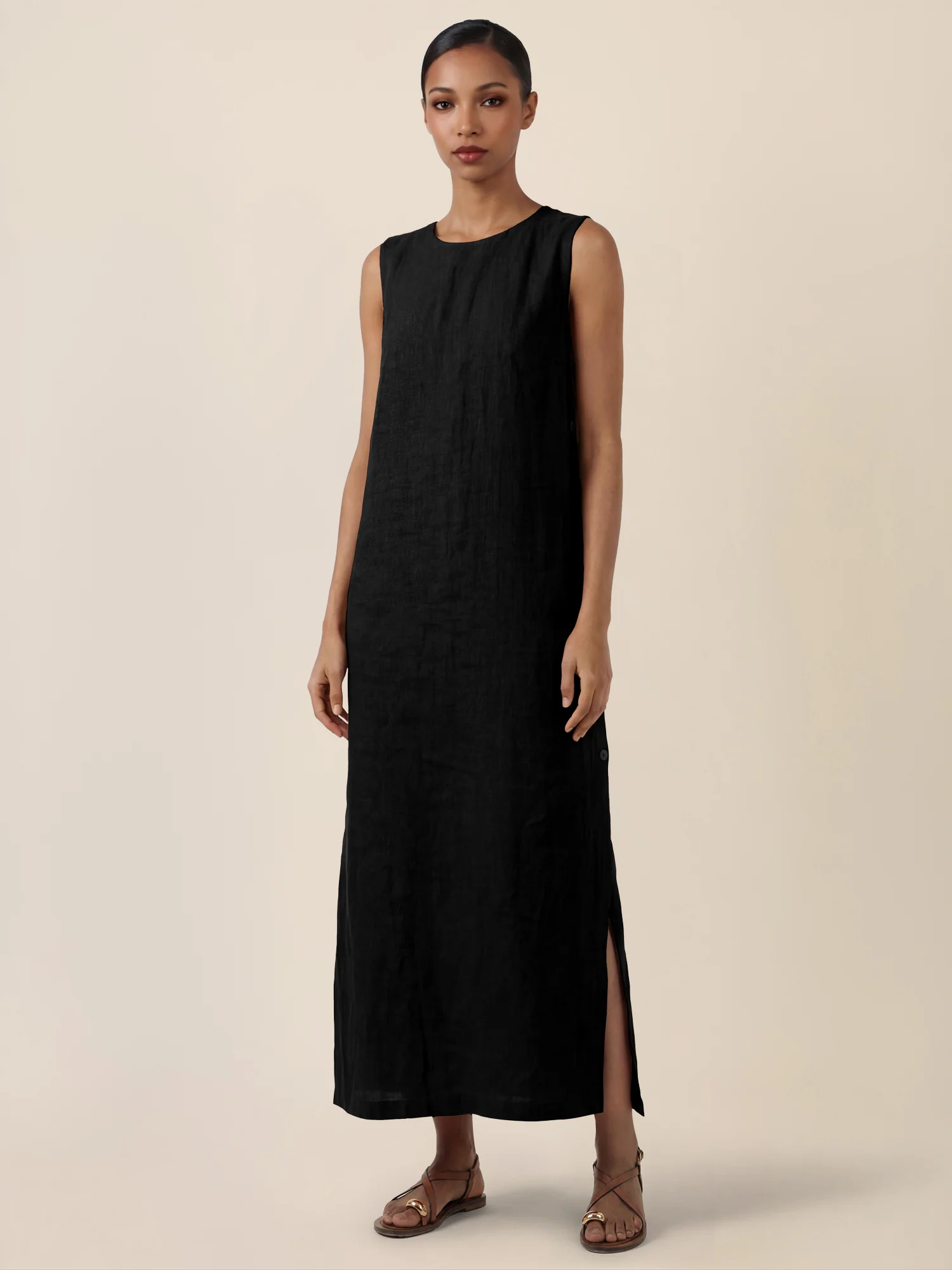 APART Leinenkleid mit seitlicher Knopfleiste | schwarz