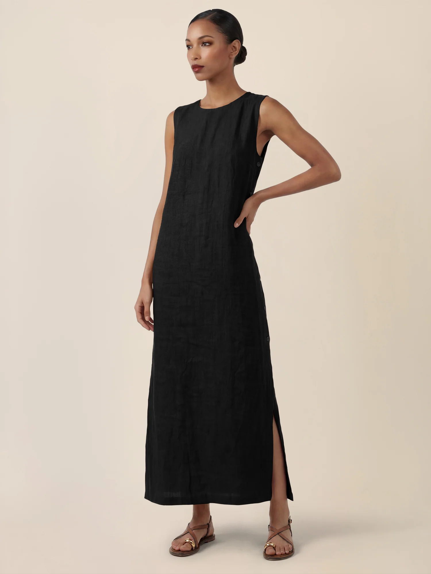 APART Leinenkleid mit seitlicher Knopfleiste | schwarz - Image 6