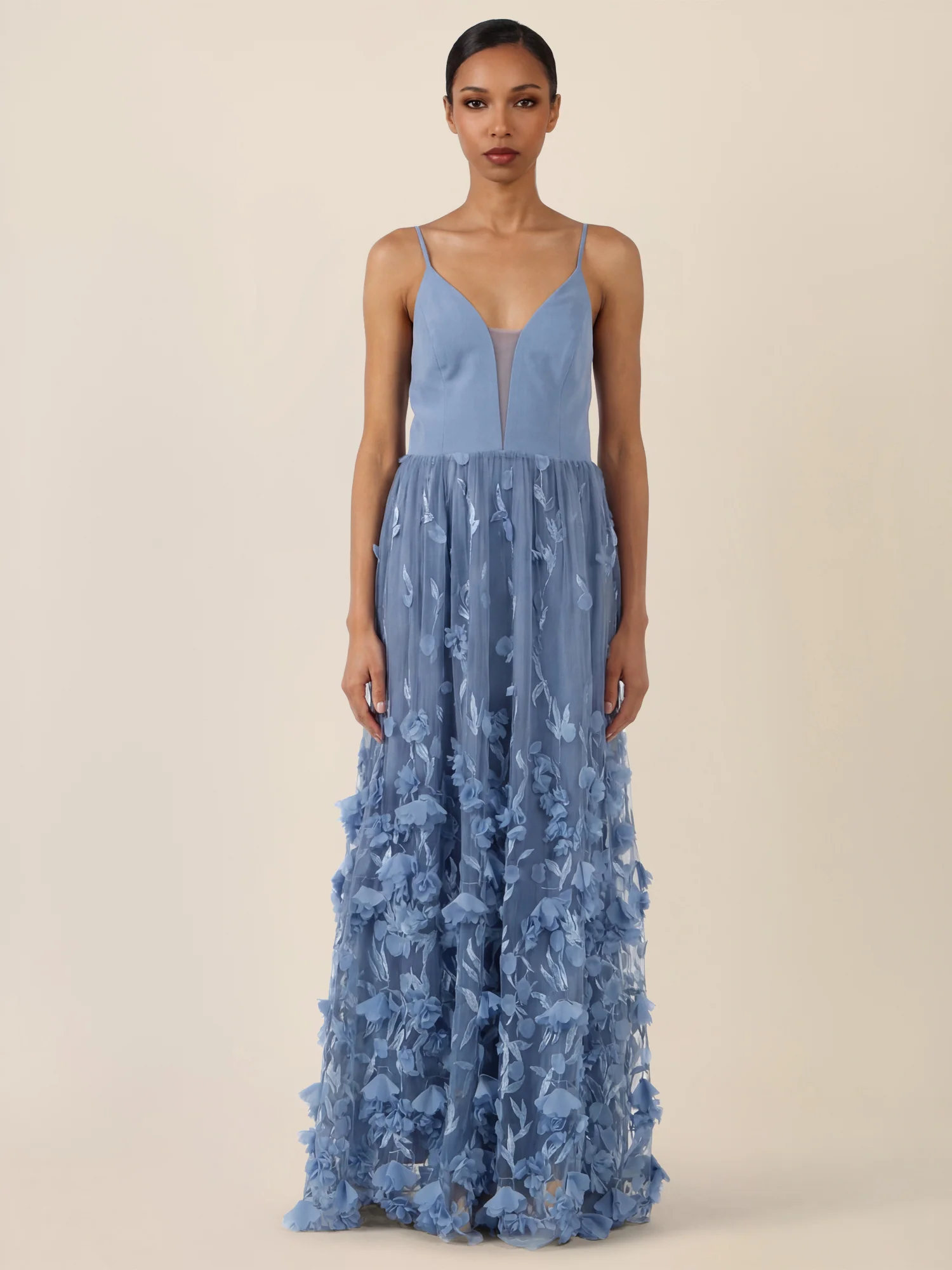 APART Maxikleid mit 3D-Blüten und Tüllrock | rauchblau