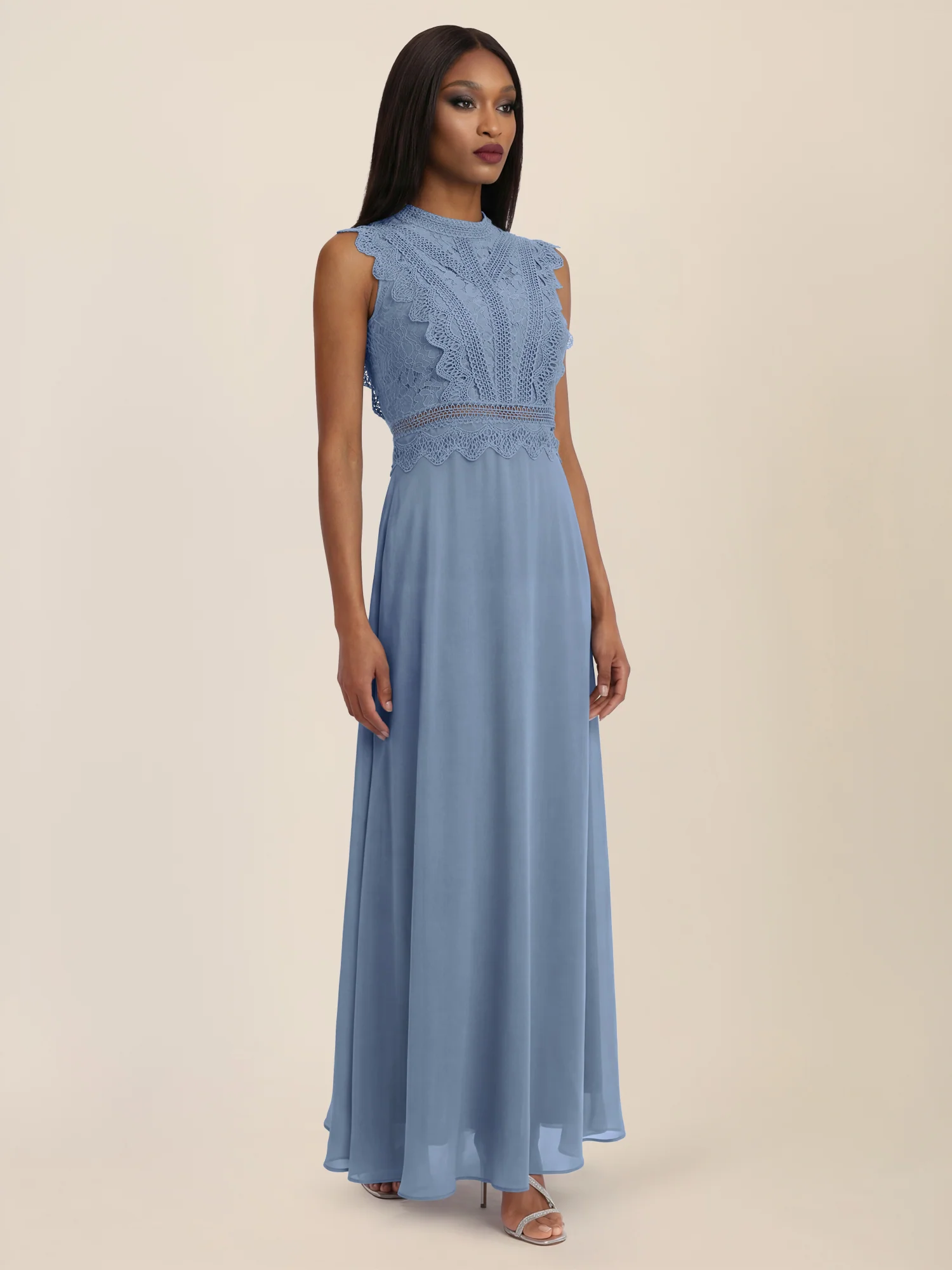APART Maxikleid mit Häkelspitze und Stehkragen | rauchblau