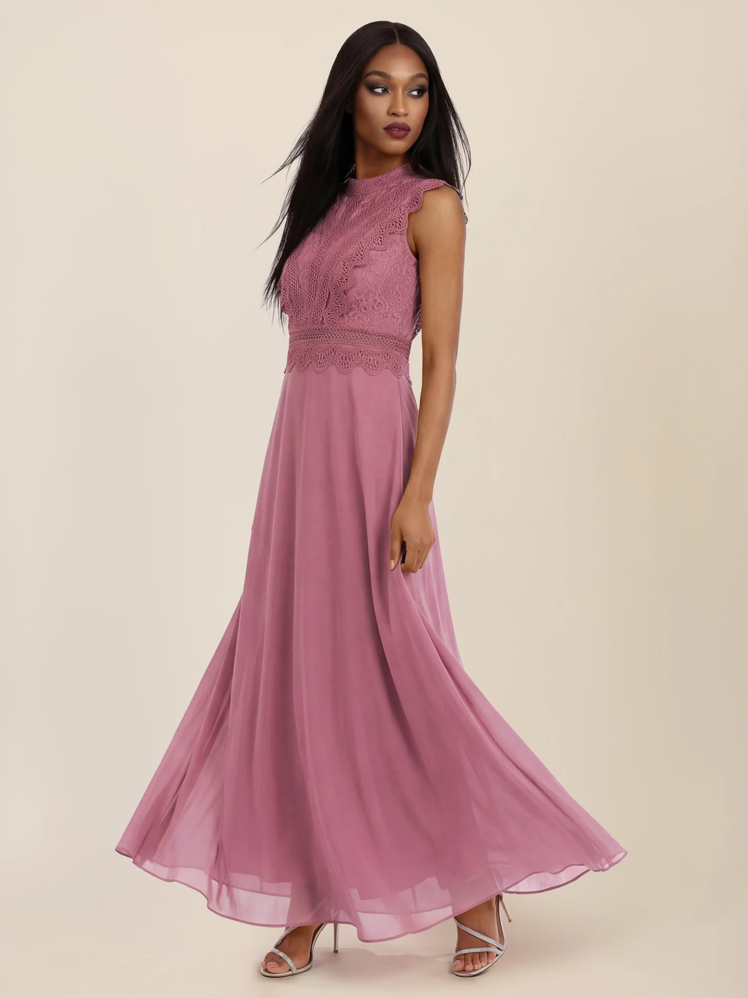 APART Maxikleid mit Häkelspitze und Stehkragen | rosé - Image 5
