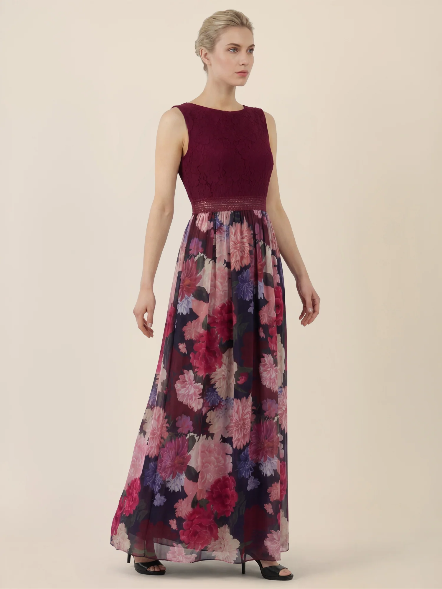 APART Maxikleid mit Spitzenoberteil & Blumenrock | weinrot-multicolor - Image 6