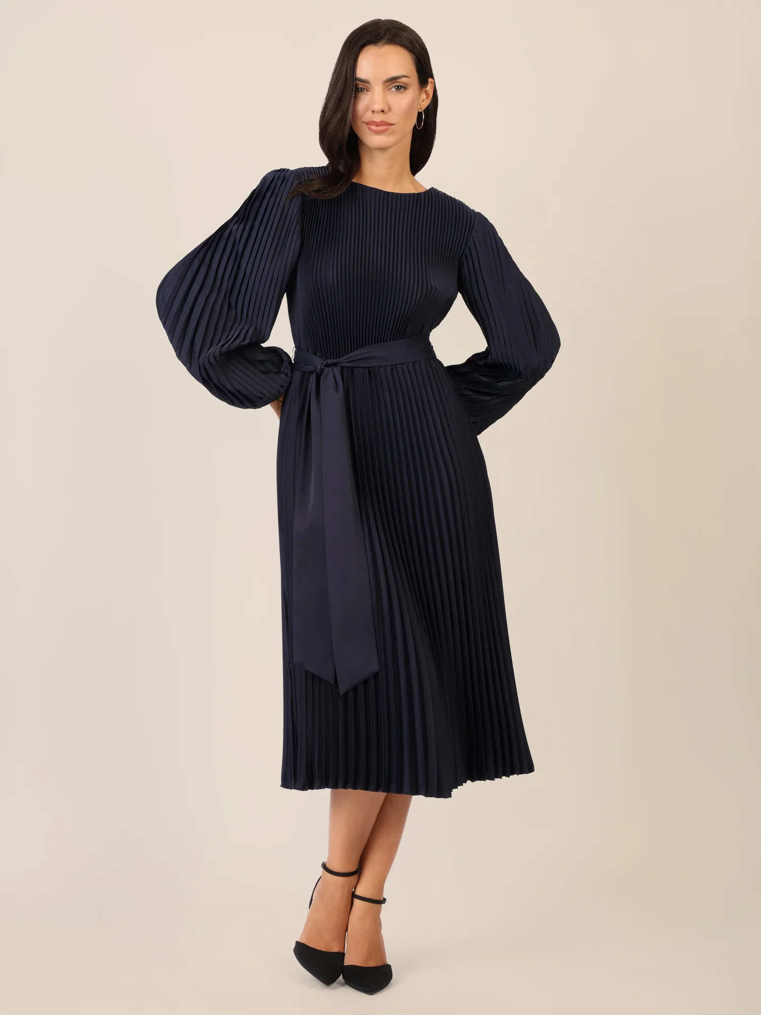 APART Midi Plisseekleid mit separatem, breitem Bindegürtel | nachtblau - Image 5